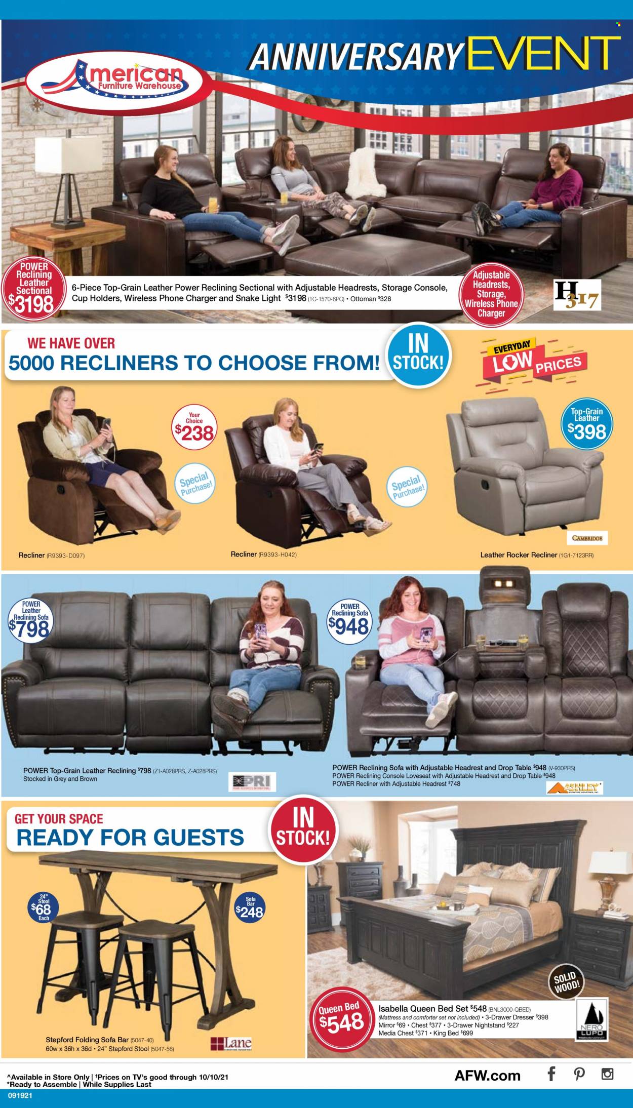 thumbnail - American Furniture Warehouse Flyer - 09/19/2021 - 09/26/2021 - Sales products - table, stool, loveseat, sofa, recliner chair, ottoman, bed, king bed, queen bed, mattress, dresser, nightstand, mirror, comforter. Page 1.