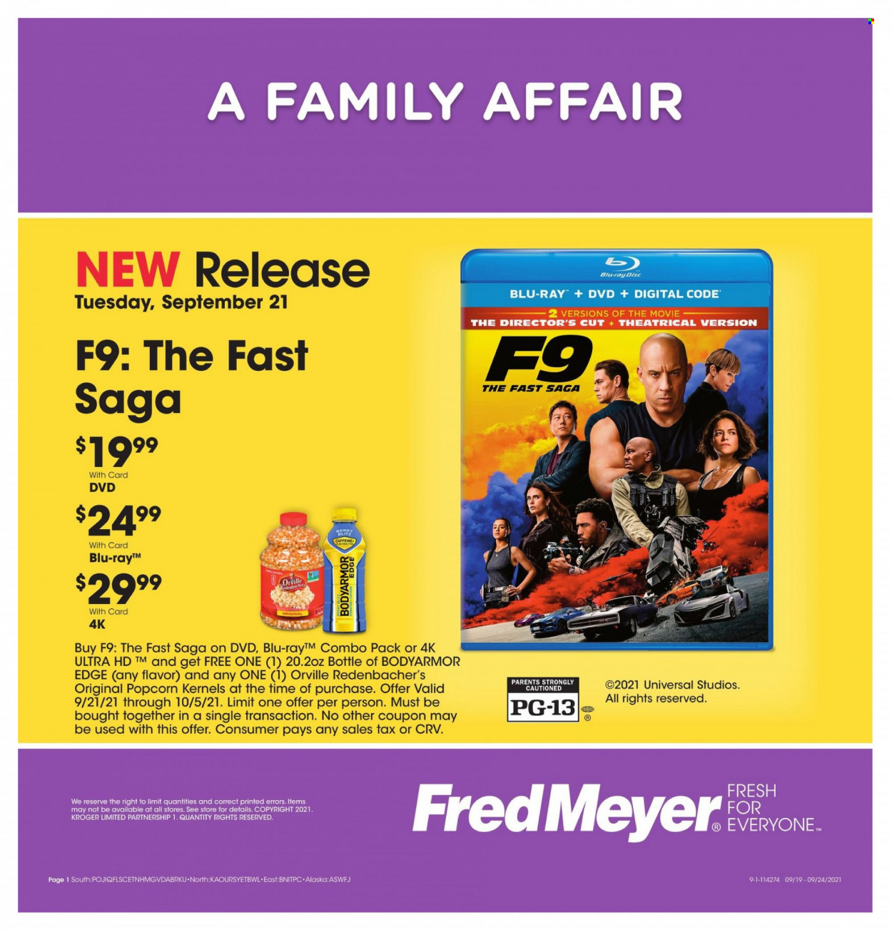 thumbnail - Fred Meyer Flyer - 09/19/2021 - 09/24/2021 - Sales products - popcorn, DVD, UHD TV, ultra hd, Blu-ray. Page 1.