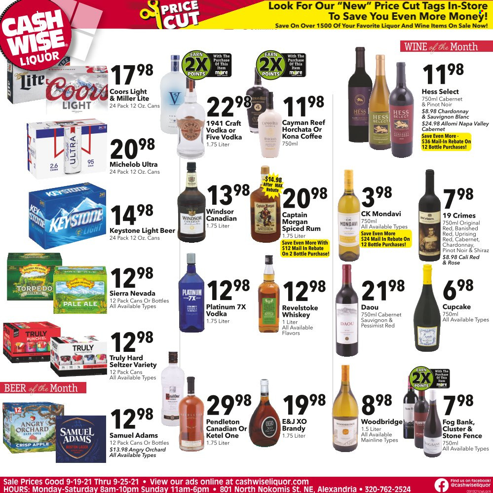 thumbnail - Cash Wise Liquor Only Flyer - 09/19/2021 - 09/25/2021 - Sales products - cupcake, coffee, Cabernet Sauvignon, red wine, white wine, Chardonnay, wine, Pinot Noir, Shiraz, Sauvignon Blanc, Woodbridge, rosé wine, brandy, Captain Morgan, rum, spiced rum, vodka, whiskey, liquor, Hard Seltzer, TRULY, whisky, beer, Lager, Keystone, Miller Lite, Coors, Michelob. Page 1.