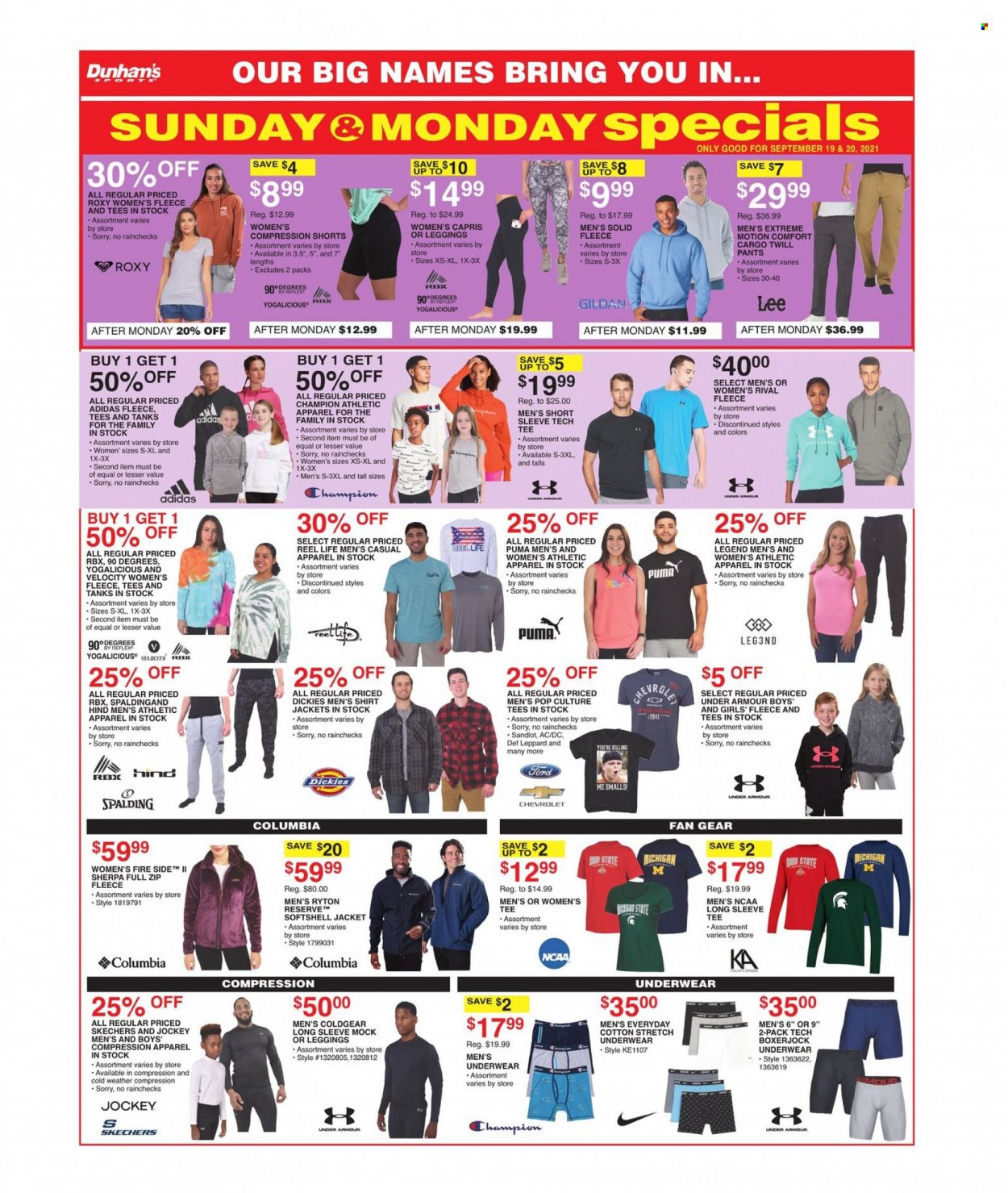 thumbnail - Dunham's Sports Flyer - 09/18/2021 - 09/23/2021 - Sales products - Adidas, Columbia, Under Armour, Puma, Skechers, RBX, jacket, Lee, Roxy, shorts, pants, Spalding, long-sleeve tee, shirt, sherpa, leggings, underwear. Page 4.