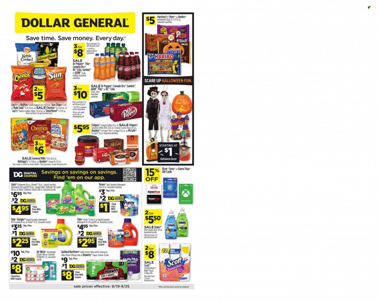 thumbnail - Dollar General Flyer - 09/19/2021 - 09/25/2021 - Sales products - Sony, Scott, Quaker, cheese, Hershey's, Haribo, Mars, Kellogg's, Cheetos, chips, Lay’s, kettle, Smartfood, Ruffles, cereals, Cheerios, oil, Canada Dry, Dr. Pepper, 7UP, A&W, instant coffee, Folgers, ground coffee, coffee capsules, McCafe, K-Cups, bath tissue, Quilted Northern, kitchen towels, paper towels, detergent, Gain, Tide, fabric softener, laundry detergent, Purex, dishwashing liquid, Air Wick, scented oil, starter. Page 1.