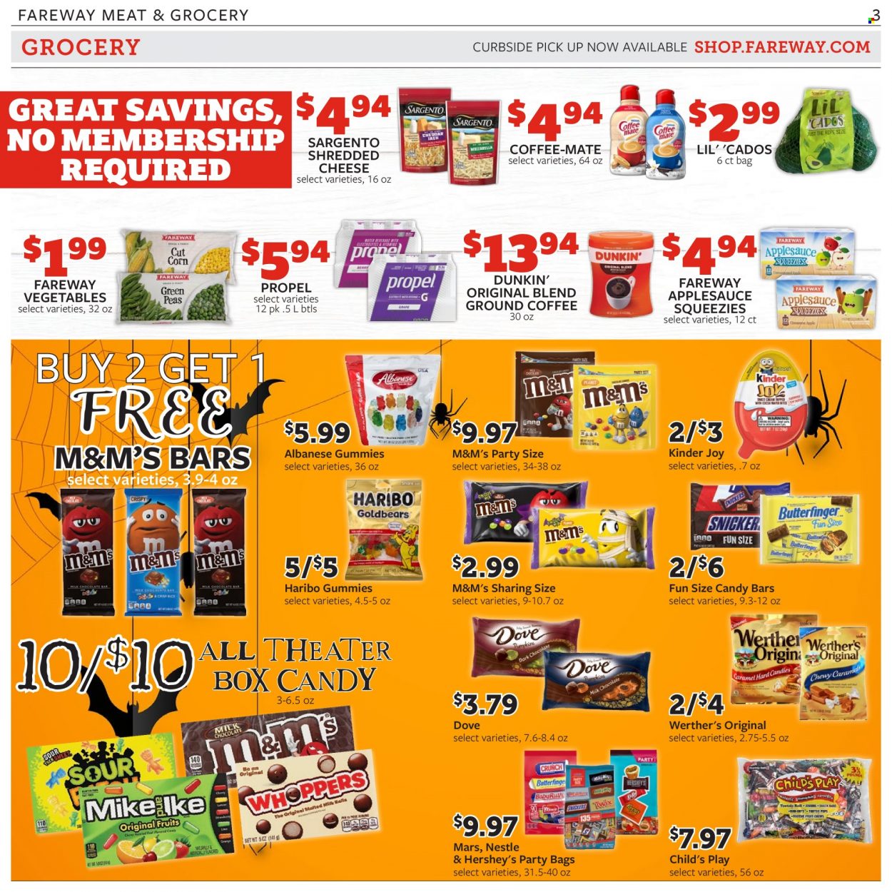 thumbnail - Fareway Flyer - 09/21/2021 - 09/27/2021 - Sales products - shredded cheese, Sargento, Coffee-Mate, Hershey's, Nestlé, Haribo, Kinder Joy, Mars, M&M's, apple sauce, ground coffee, Dove. Page 3.