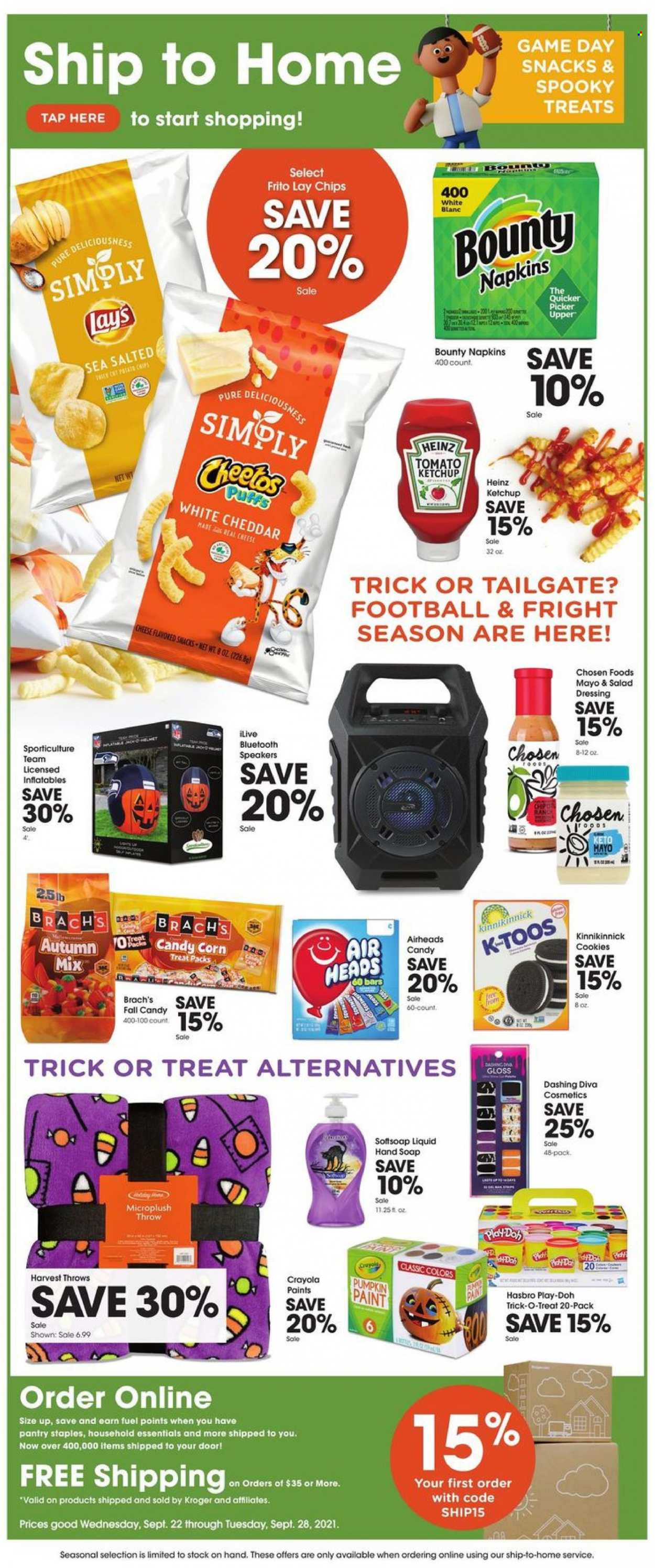 thumbnail - Baker's Flyer - 09/22/2021 - 09/28/2021 - Sales products - Ace, puffs, corn, pumpkin, mayonnaise, cookies, Bounty, AirHeads, chips, Lay’s, Heinz, salad dressing, ketchup, dressing, Softsoap, hand soap, soap, crayons, speaker, Play-doh, Hasbro. Page 10.