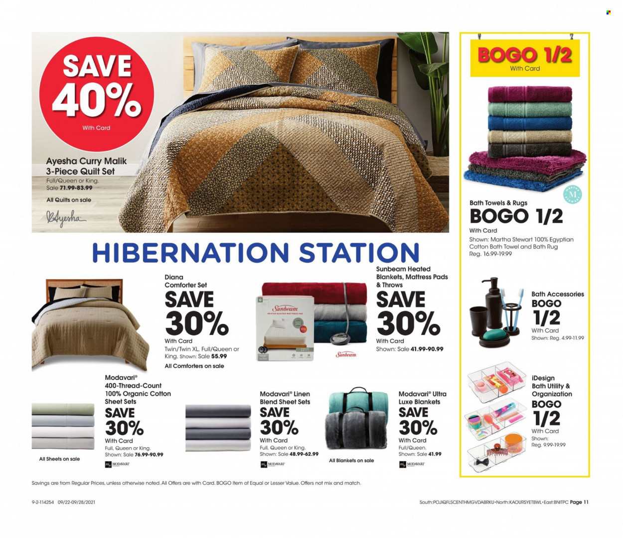 thumbnail - Fred Meyer Flyer - 09/22/2021 - 09/28/2021 - Sales products - blanket, comforter, linens, quilt, mattress protector, Sunbeam, bath towel, towel. Page 11.