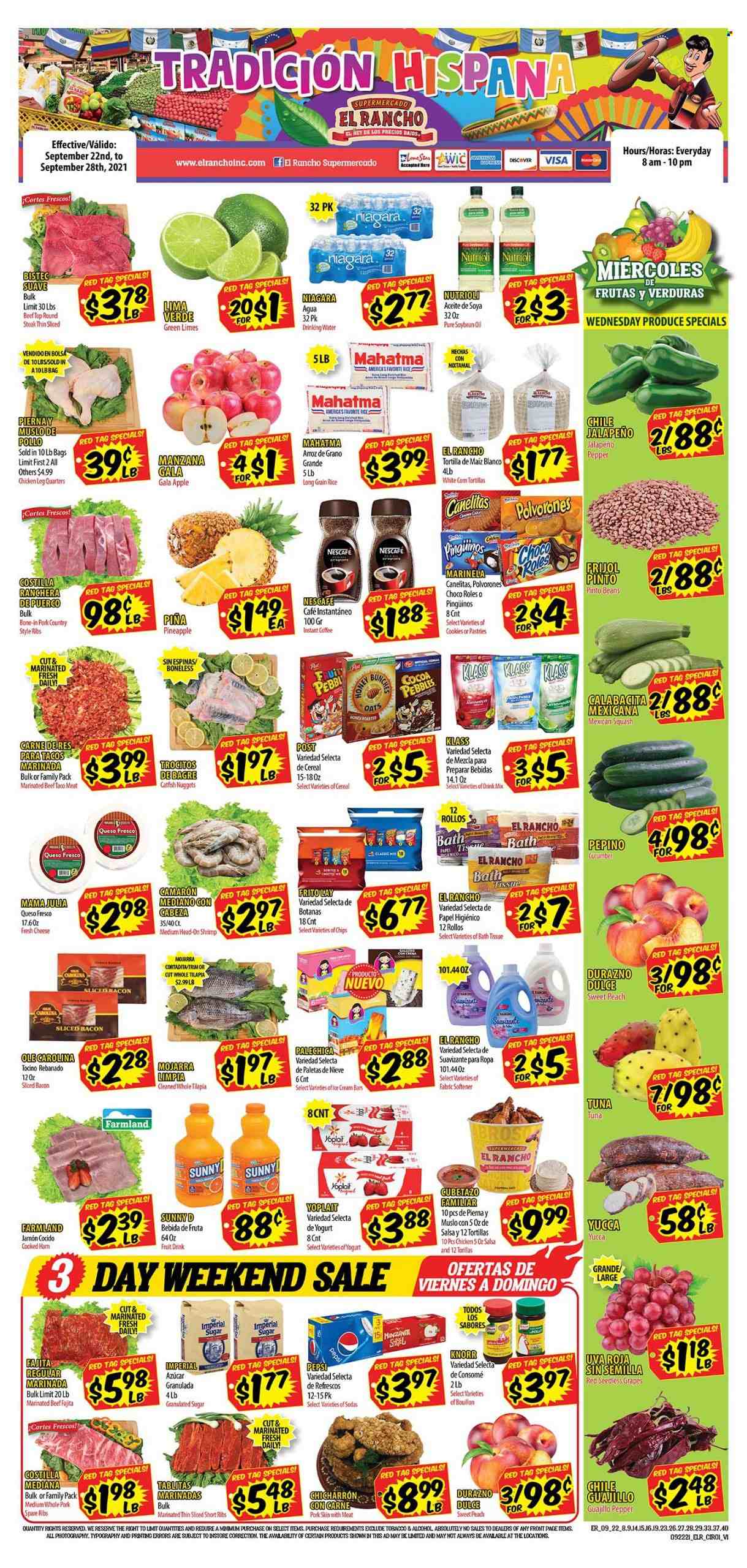 thumbnail - El Rancho Flyer - 09/22/2021 - 09/28/2021 - Sales products - seedless grapes, tortillas, jalapeño, mexican squash, Gala, grapes, limes, pineapple, catfish, tilapia, tuna, shrimps, catfish nuggets, Knorr, fajita, bacon, cooked ham, ham, queso fresco, cheese, yoghurt, Yoplait, cookies, chips, bouillon, granulated sugar, sugar, oats, pinto beans, cereals, rice, long grain rice, salsa, soya oil, oil, Pepsi, fruit drink, instant coffee, Nescafé, alcohol, chicken legs, beef meat, steak, round steak, marinated beef, pork meat, pork ribs, pork spare ribs, country style ribs. Page 1.