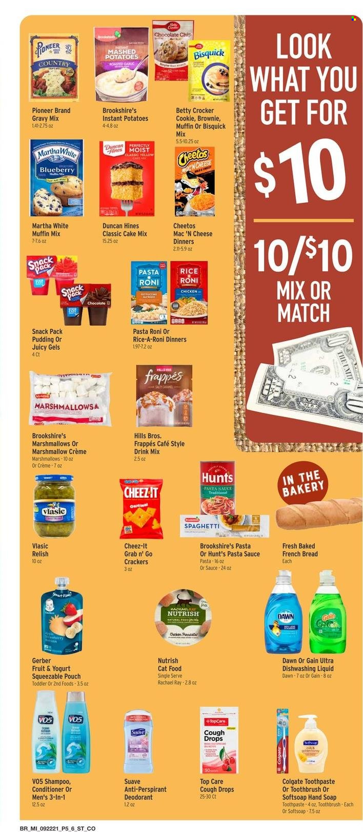 thumbnail - Brookshires Flyer - 09/22/2021 - 09/28/2021 - Sales products - bread, french bread, brownies, cake mix, muffin mix, mashed potatoes, spaghetti, pasta sauce, cheese, pudding, yoghurt, chocolate chips, crackers, Gerber, Cheetos, Cheez-It, Bisquick, rice, gravy mix, Gain, dishwashing liquid, shampoo, Softsoap, Suave, hand soap, soap, Colgate, toothbrush, toothpaste, conditioner, VO5, anti-perspirant, deodorant, animal food, cat food, Hill's, Nutrish, cough drops. Page 5.