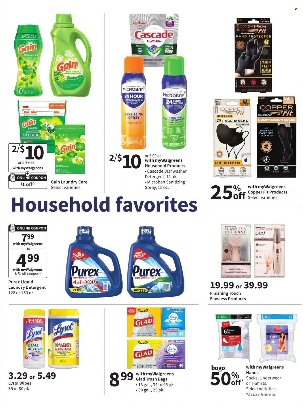 thumbnail - Walgreens Flyer - 09/26/2021 - 10/02/2021 - Sales products - wipes, detergent, Febreze, Gain, Lysol, Cascade, fabric softener, laundry detergent, Purex, face mask, bag, trash bags, pedicure tool, cushion, socks, compression stockings, gloves. Page 8.