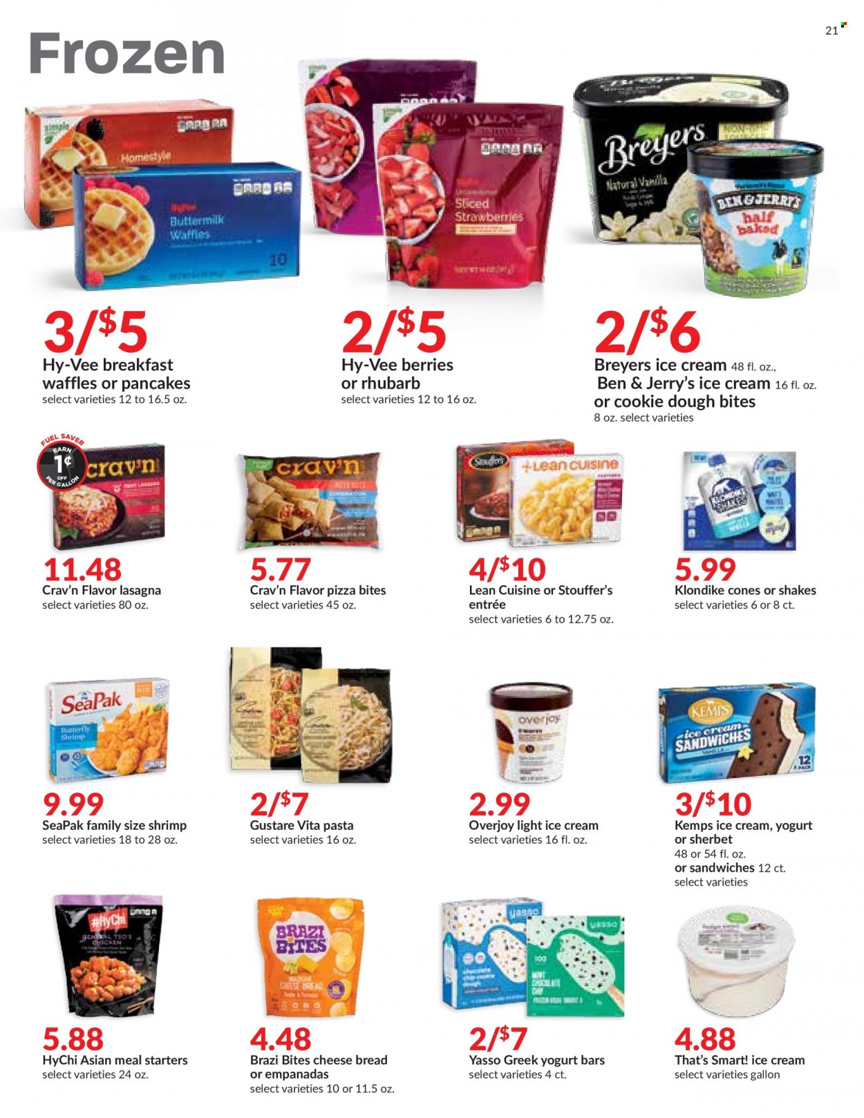thumbnail - Hy-Vee Flyer - 09/22/2021 - 09/28/2021 - Sales products - bread, waffles, rhubarb, shrimps, pizza, pasta, lasagna meal, Lean Cuisine, Kemps, greek yoghurt, shake, ice cream, sherbet, Stouffer's, cookie dough, gallon. Page 21.