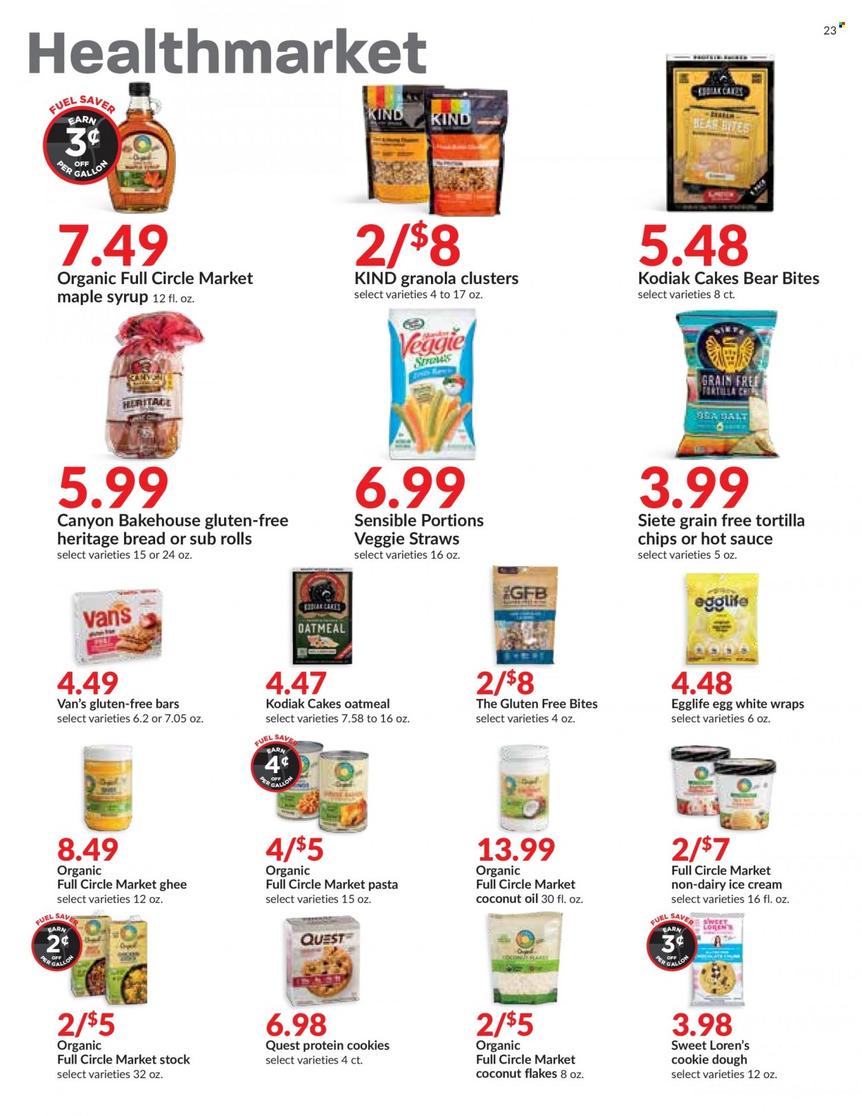 thumbnail - Hy-Vee Flyer - 09/22/2021 - 09/28/2021 - Sales products - bread, cake, wraps, pasta, sauce, eggs, ghee, ice cream, cookie dough, cookies, tortilla chips, chips, veggie straws, oatmeal, granola, hot sauce, coconut oil, oil, maple syrup, syrup, flaked coconut. Page 23.