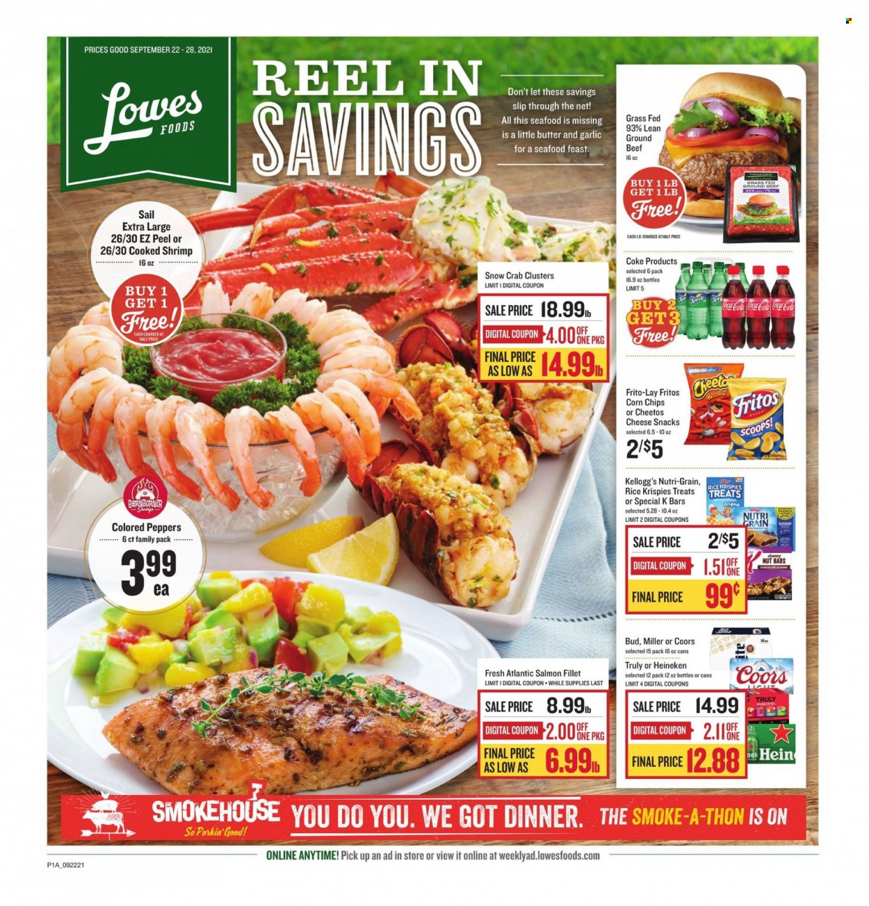 thumbnail - Lowes Foods Flyer - 09/22/2021 - 09/28/2021 - Sales products - garlic, peppers, salmon, salmon fillet, seafood, crab, shrimps, cheese, chocolate, snack, Kellogg's, Fritos, Cheetos, chips, corn chips, Frito-Lay, nut bar, Rice Krispies, Nutri-Grain, Coca-Cola, Sprite, TRULY, beer, Heineken, Miller, beef meat, ground beef, Coors. Page 1.