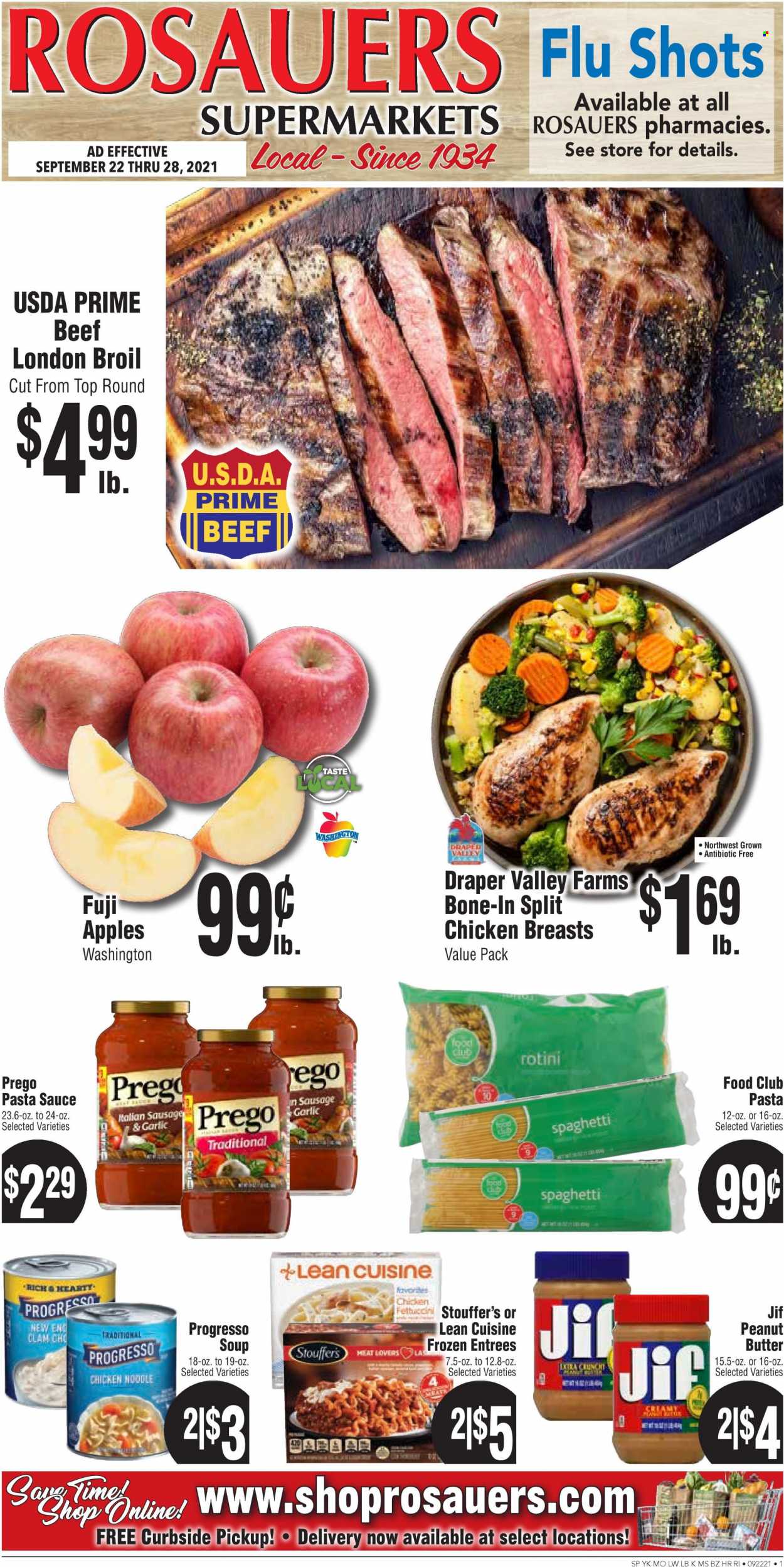 thumbnail - Rosauers Flyer - 09/22/2021 - 09/28/2021 - Sales products - apples, Fuji apple, clams, spaghetti, pasta sauce, sauce, Progresso, Lean Cuisine, sausage, italian sausage, Stouffer's, peanut butter, Jif, chicken breasts. Page 1.