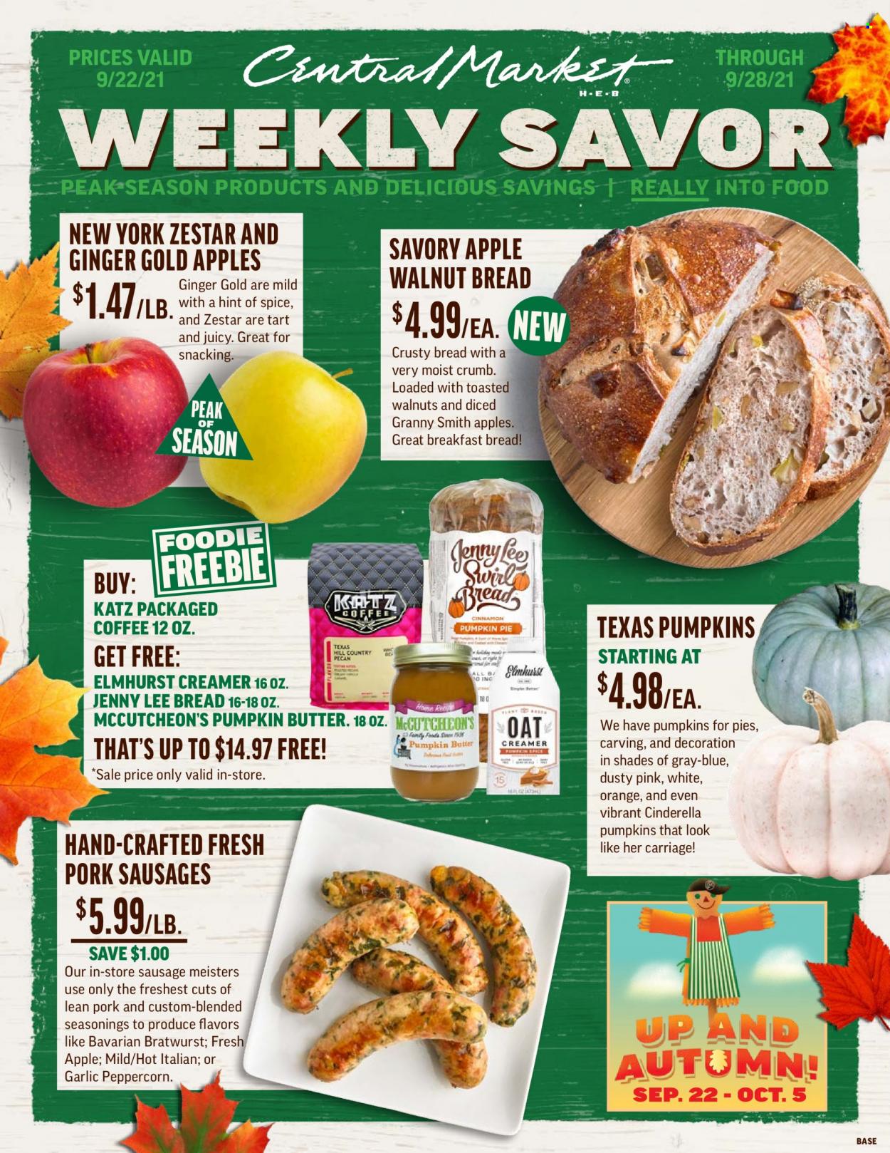 thumbnail - Central Market Flyer - 09/22/2021 - 09/28/2021 - Sales products - tart, garlic, ginger, pumpkin, apples, Granny Smith, bratwurst, sausage, creamer, spice, pumpkin butter, walnuts, coffee, shades. Page 1.