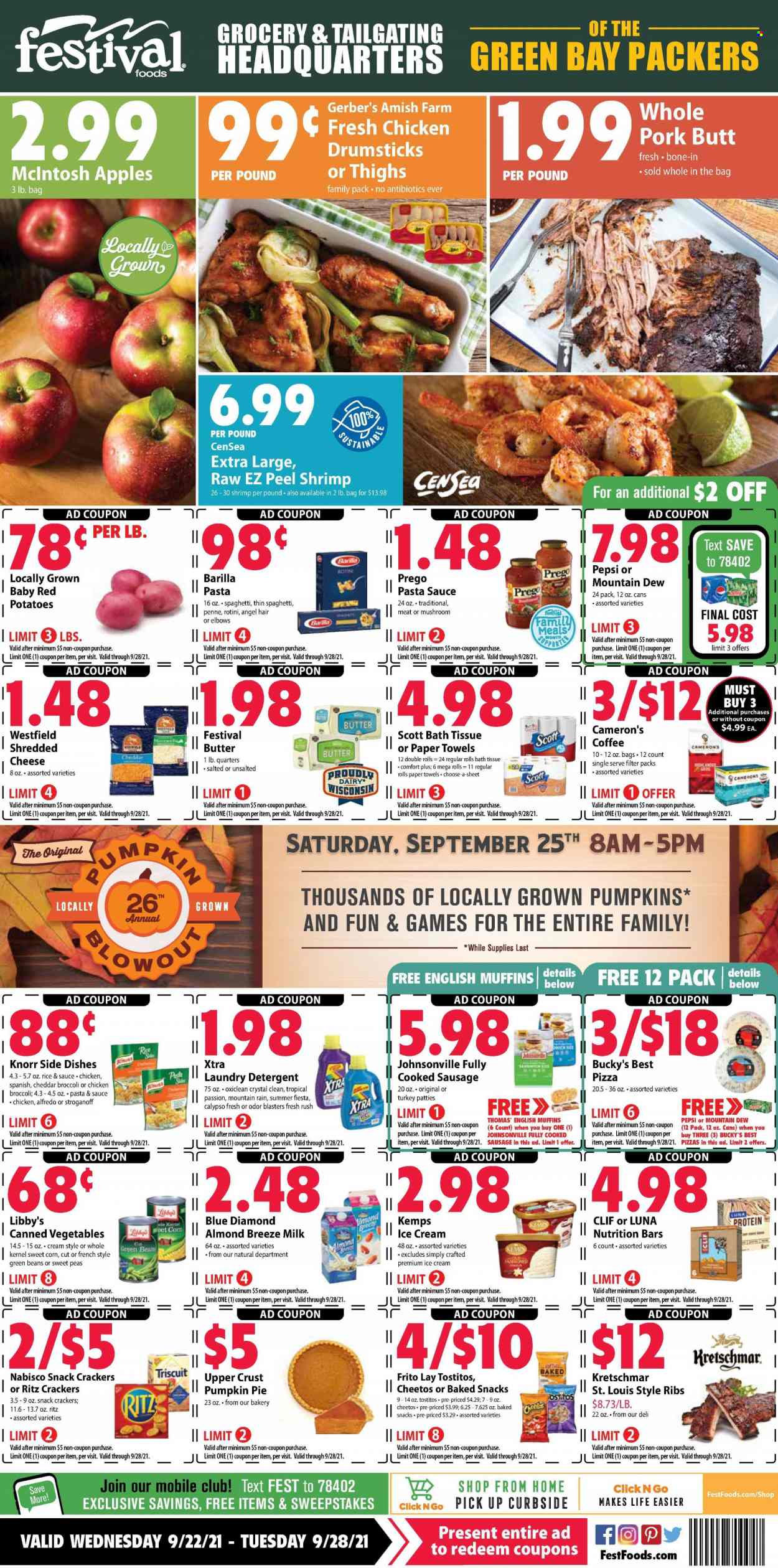 thumbnail - Festival Foods Flyer - 09/22/2021 - 09/28/2021 - Sales products - english muffins, pie, corn, green beans, potatoes, pumpkin, peas, sweet corn, red potatoes, apples, shrimps, spaghetti, pizza, pasta sauce, Knorr, Barilla, Johnsonville, sausage, Kemps, milk, Almond Breeze, butter, ice cream, snack, crackers, RITZ, Cheetos, Tostitos, canned vegetables, nutrition bar, rice, penne, Blue Diamond, Mountain Dew, Pepsi, coffee, chicken drumsticks, bath tissue, Scott, kitchen towels, paper towels, detergent, OxiClean, laundry detergent, XTRA. Page 1.