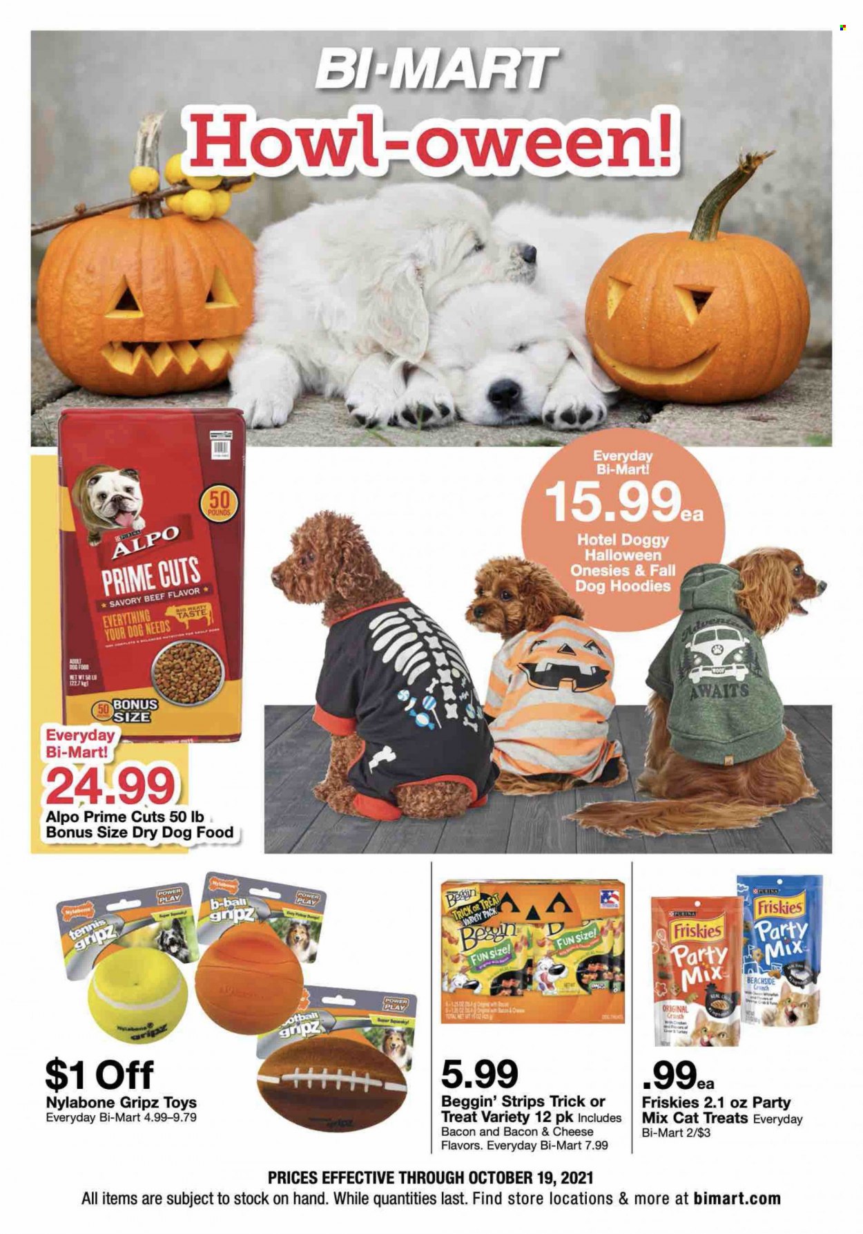 thumbnail - Bi-Mart Flyer - 10/06/2021 - 10/19/2021 - Sales products - bacon, strips, Nylabone, animal food, dog food, Purina, dry dog food, Beggin', Friskies, Alpo, toys. Page 1.