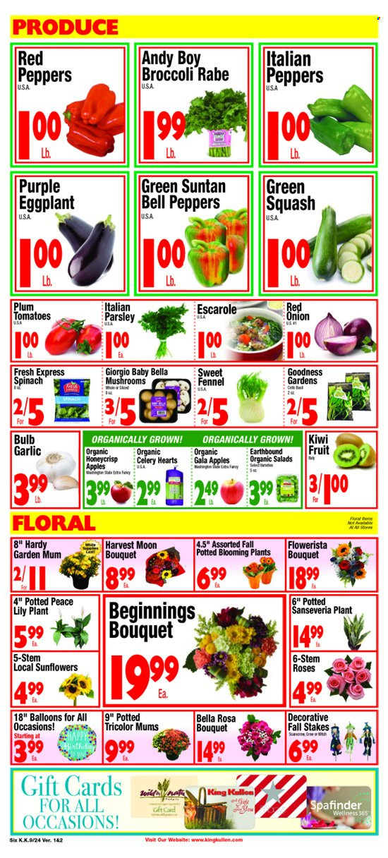 thumbnail - King Kullen Flyer - 09/24/2021 - 09/30/2021 - Sales products - mushrooms, bell peppers, broccoli, celery, garlic, spinach, tomatoes, zucchini, parsley, onion, salad, peppers, eggplant, broccolini, sleeved celery, apples, Gala, kiwi, fennel, Mum, bulb, bouquet, rose. Page 6.