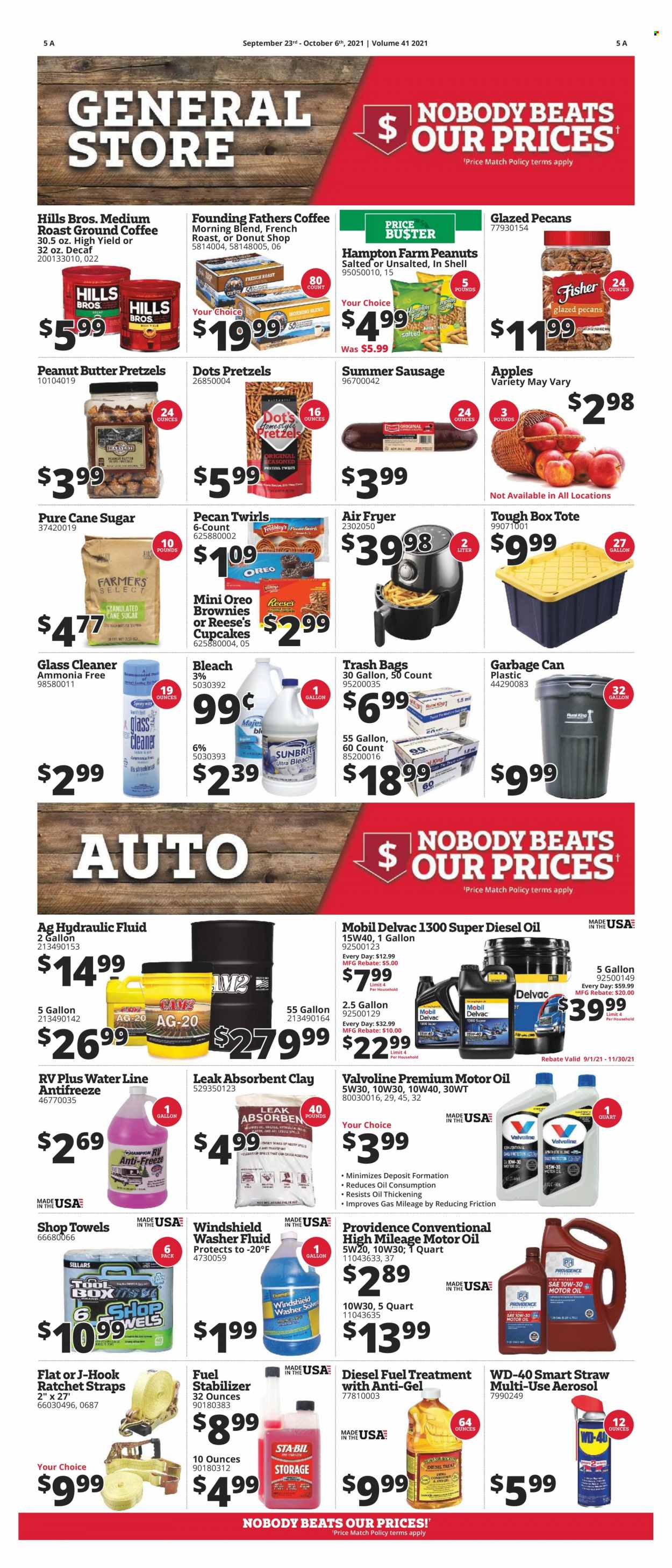 thumbnail - Rural King Flyer - 09/23/2021 - 10/06/2021 - Sales products - pretzels, Oreo, brownies, Reese's, cane sugar, sugar, peanut butter, peanuts, pecans, coffee, ground coffee, bleach, trash bags, hook, straw, towel, Hill's, air fryer, tote, WD-40, cleaner, antifreeze, washer fluid, fuel stabilizer, Mobil, motor oil, Shell, fuel supplement, Valvoline, hydraulic fluids, diesel oil. Page 9.