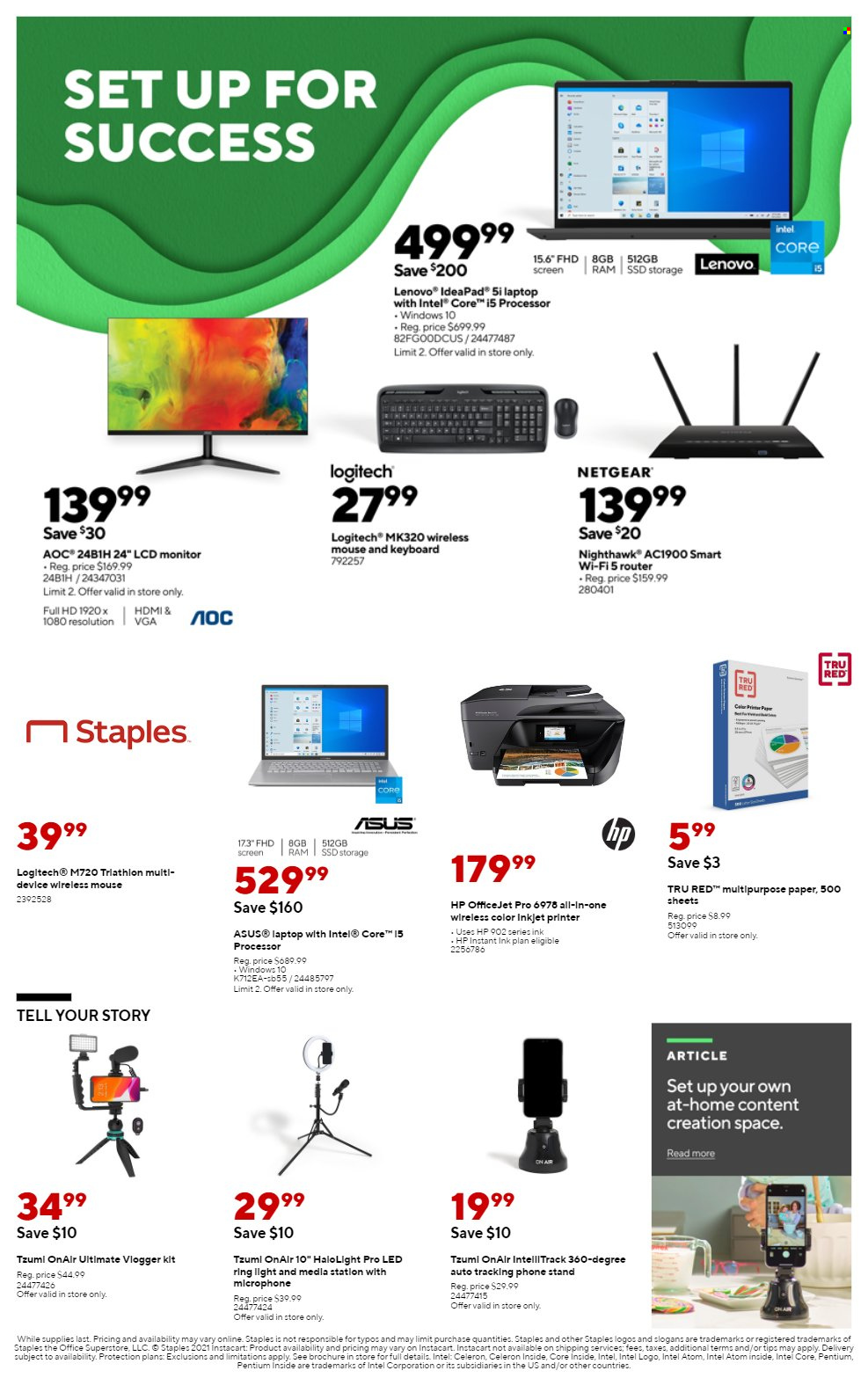 thumbnail - Staples Flyer - 09/26/2021 - 10/02/2021 - Sales products - Intel, Asus, Lenovo, Hewlett Packard, router, laptop, Logitech, mouse, Netgear, keyboard, monitor, ink printer, printer, HP OfficeJet. Page 1.