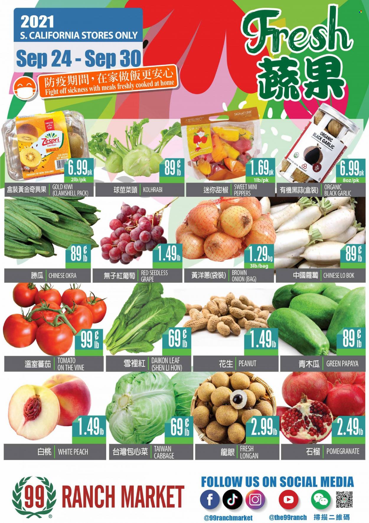 thumbnail - 99 Ranch Market Flyer - 09/24/2021 - 09/30/2021 - Sales products - cabbage, garlic, okra, onion, peppers, white radish, kiwi, papaya, pomegranate. Page 1.