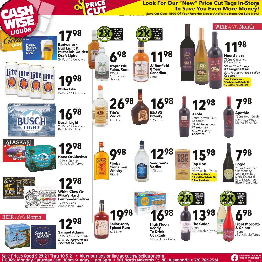 thumbnail - Cash Wise Liquor Only Flyer - 09/29/2021 - 10/05/2021 - Sales products - Cabernet Sauvignon, red wine, white wine, Chardonnay, wine, Merlot, Pinot Noir, Moscato, Sauvignon Blanc, brandy, rum, spiced rum, vodka, liquor, White Claw, Hard Seltzer, cinnamon whisky, whisky, beer, Busch, Bud Light, Budweiser, Miller Lite, Michelob. Page 1.