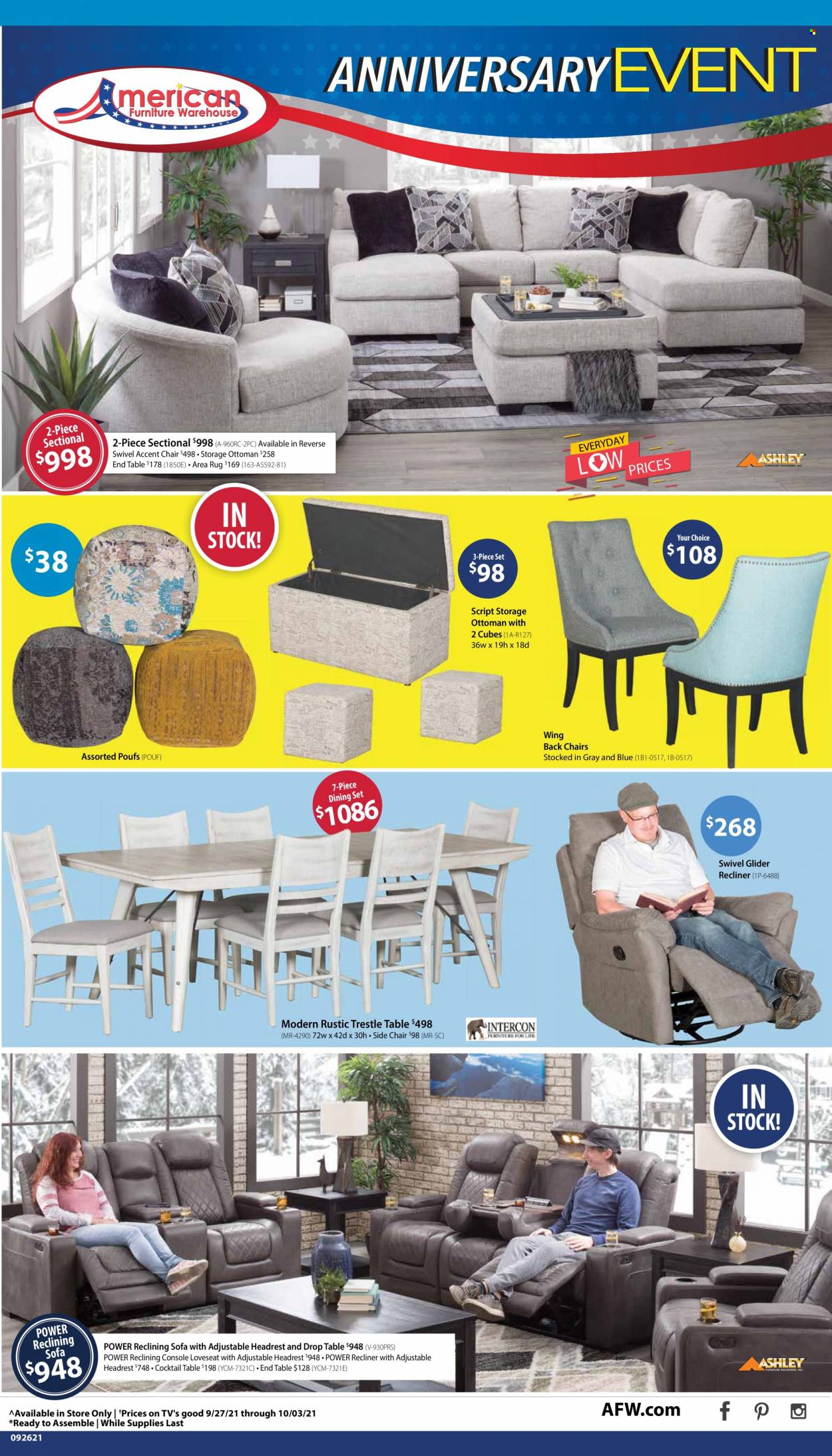 thumbnail - American Furniture Warehouse Flyer - 09/27/2021 - 10/03/2021 - Sales products - dining set, side chair, chair, 2-piece sectional, accent chair, loveseat, sofa, recliner chair, end table, ottoman, rug, area rug. Page 1.