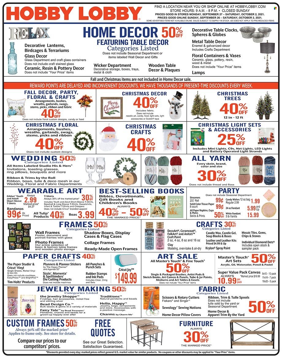 thumbnail - Hobby Lobby Flyer - 09/26/2021 - 10/02/2021 - Sales products - sticker, scissors, eraser, paper, pencil, canvas, ribbon, napkins, pillow cover, wall decor, christmas tree, christmas decor, vase. Page 1.