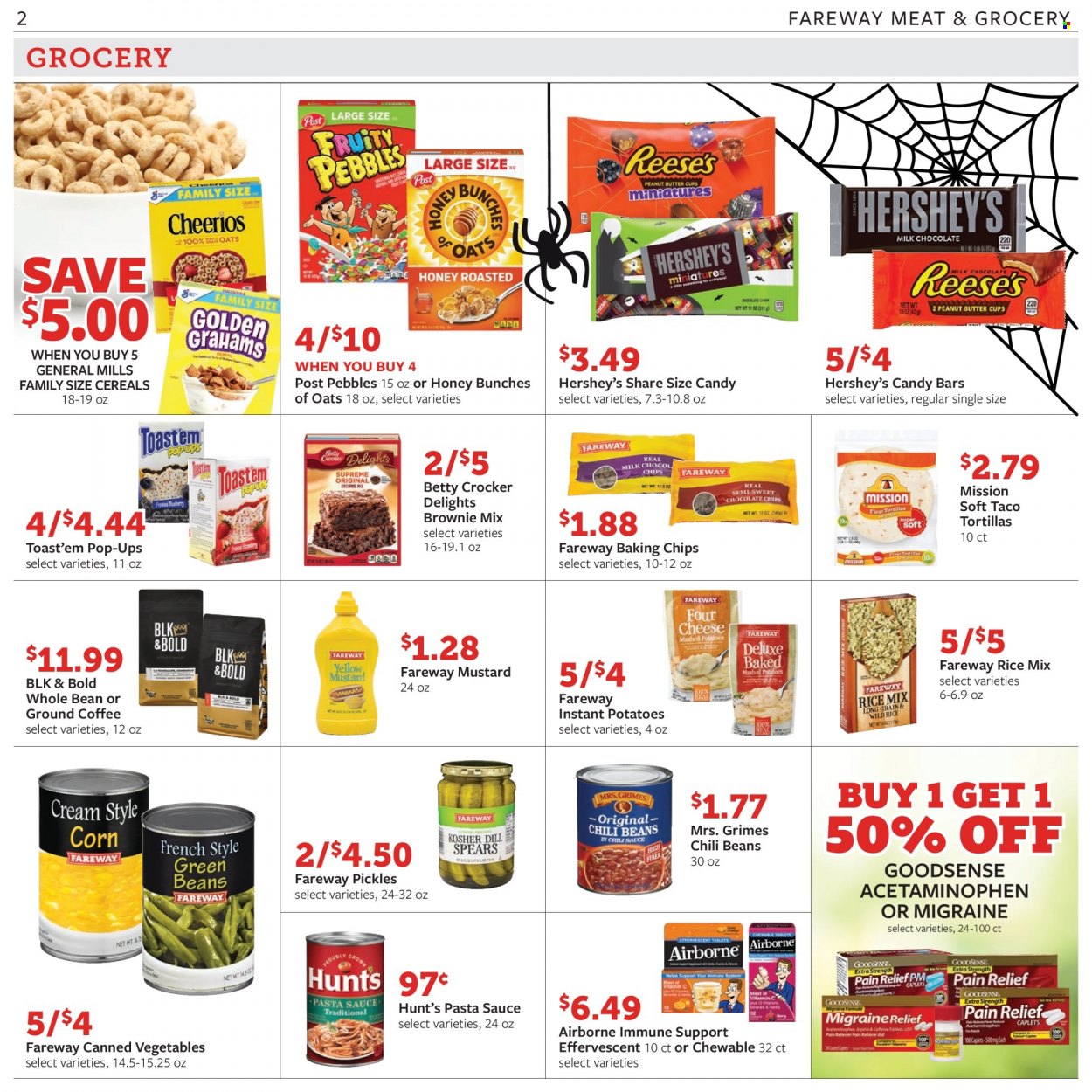 thumbnail - Fareway Flyer - 09/28/2021 - 10/04/2021 - Sales products - tortillas, brownie mix, potatoes, pasta sauce, sauce, Hershey's, baking chips, pickles, chili beans, canned vegetables, mustard, coffee, ground coffee. Page 2.