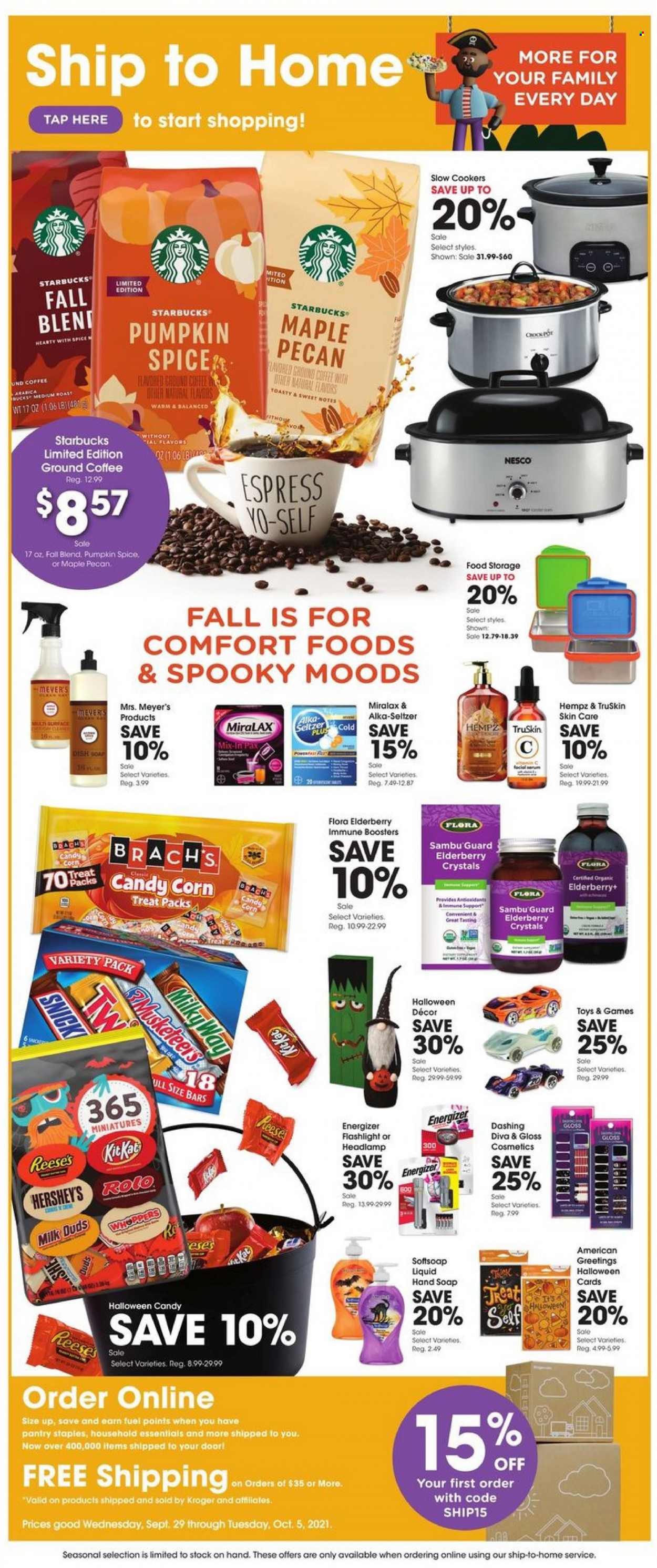 thumbnail - Baker's Flyer - 09/29/2021 - 10/05/2021 - Sales products - corn, Flora, Reese's, Hershey's, Milk Duds, Milky Way, spice, coffee, Starbucks, ground coffee, Softsoap, hand soap, soap, serum, Energizer, headlamp, MiraLAX, Alka-seltzer. Page 1.