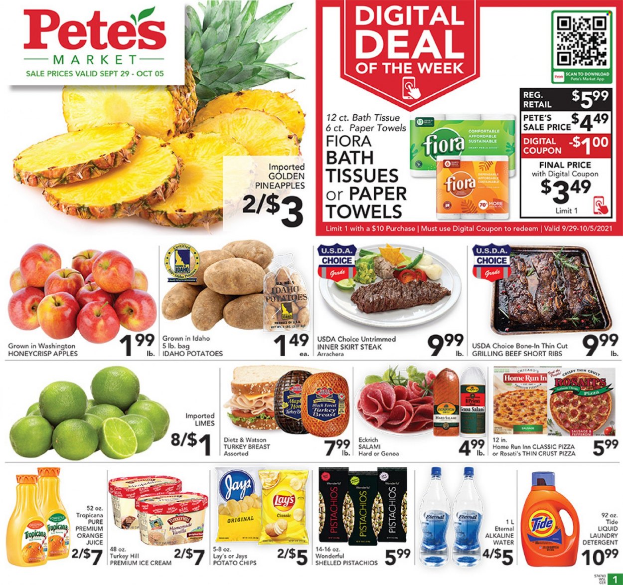 thumbnail - Pete's Fresh Market Flyer - 09/29/2021 - 10/05/2021 - Sales products - potatoes, apples, limes, pineapple, pizza, salami, Dietz & Watson, sausage, ice cream, Lay’s, pistachios, orange juice, juice, alkaline water, turkey breast, beef ribs, steak. Page 1.
