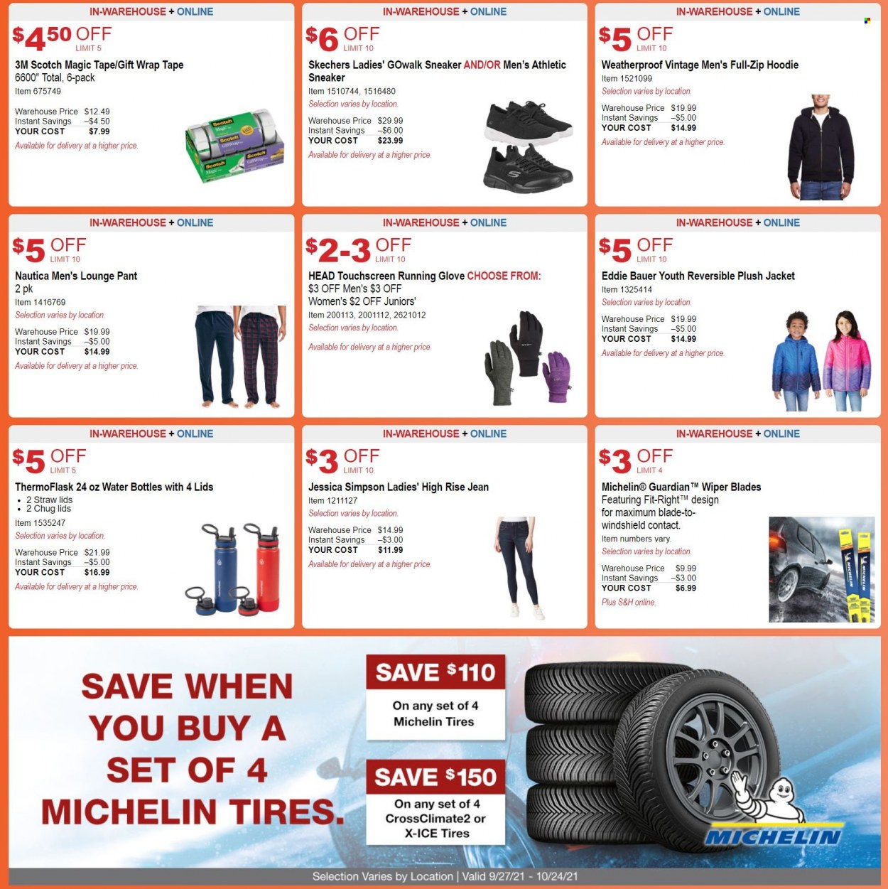 thumbnail - Costco Flyer - 09/29/2021 - 10/24/2021 - Sales products - sneakers, Skechers, gloves, drink bottle, straw, thermoflask, gift wrap, jacket, hoodie, wiper blades, Michelin, tires. Page 2.