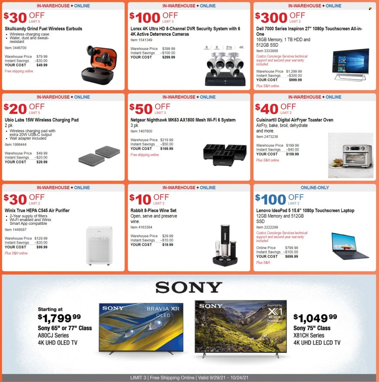 thumbnail - Costco Flyer - 09/29/2021 - 10/24/2021 - Sales products - rabbit, Sony, Dell, Lenovo, wine, Cuisinart, laptop, Inspiron, touchscreen laptop, Netgear, camera, UHD TV, ultra hd, TV, Skullcandy, earbuds, adapter, air purifier, air fryer. Page 3.