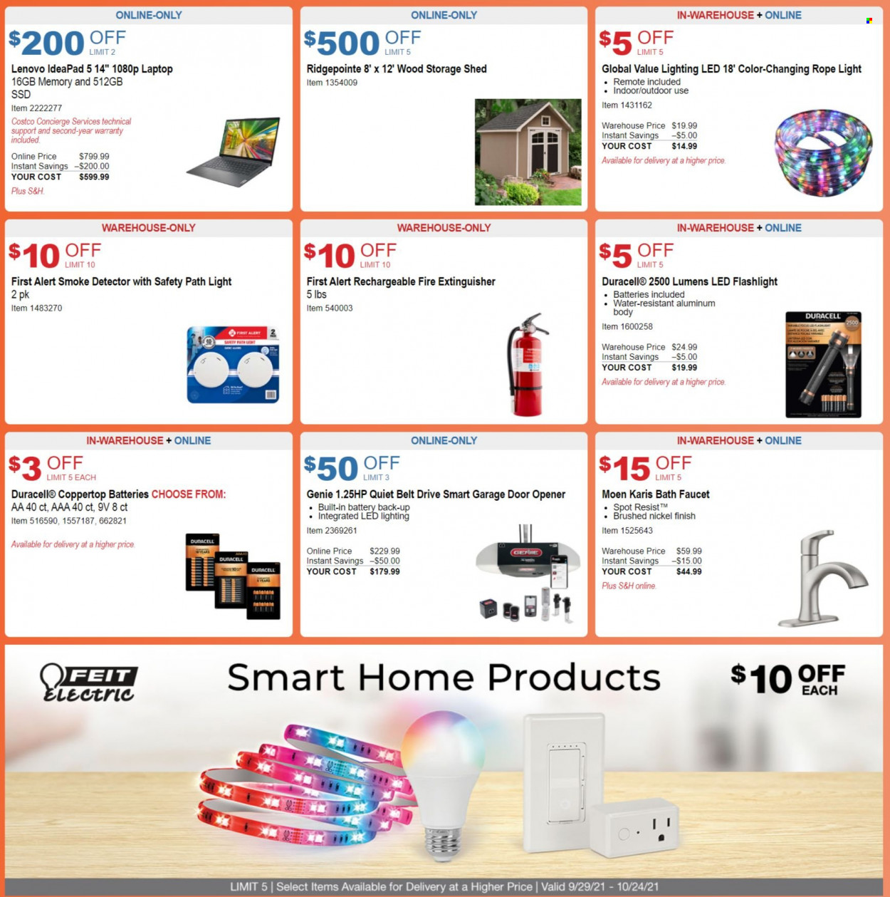 thumbnail - Costco Flyer - 09/29/2021 - 10/24/2021 - Sales products - bath faucet, faucet, Lenovo, extinguisher, Duracell, smoke detector, laptop, rope light, door opener, garage door opener, storage shed, shed. Page 4.