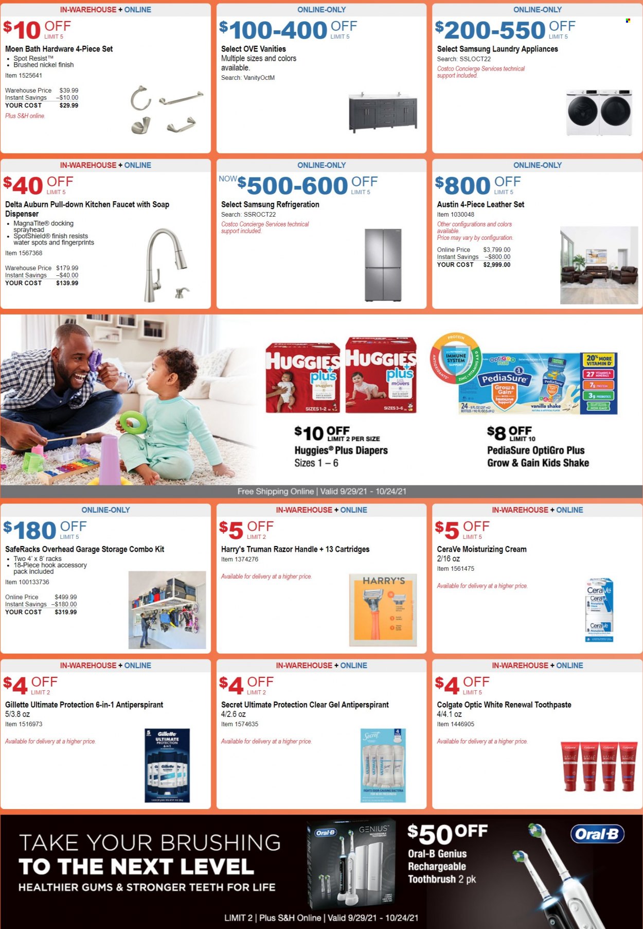 thumbnail - Costco Flyer - 09/29/2021 - 10/24/2021 - Sales products - faucet, shake, Huggies, nappies, Gain, Colgate, toothbrush, Oral-B, toothpaste, CeraVe, anti-perspirant, Gillette, razor, hook, soap dispenser, dispenser, Samsung, Plus Plus, combo kit, zinc. Page 5.
