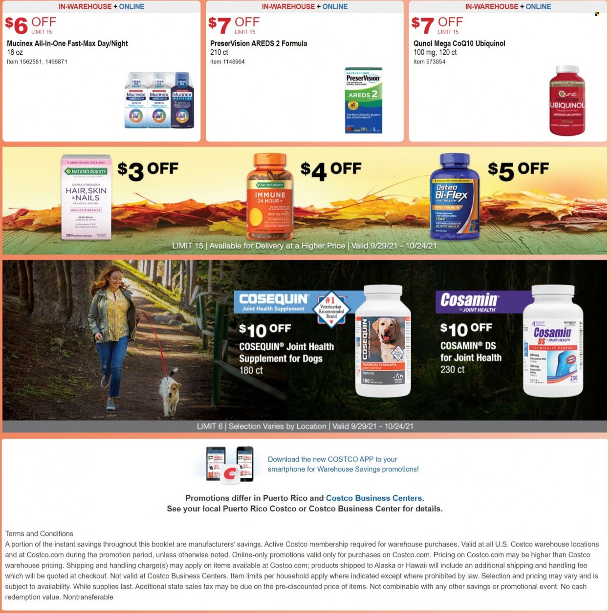 thumbnail - Costco Flyer - 09/29/2021 - 10/24/2021 - Sales products - health supplement for pets, Cosamin, Mucinex, Nature's Bounty, Qunol, Bi-Flex, health supplement. Page 13.