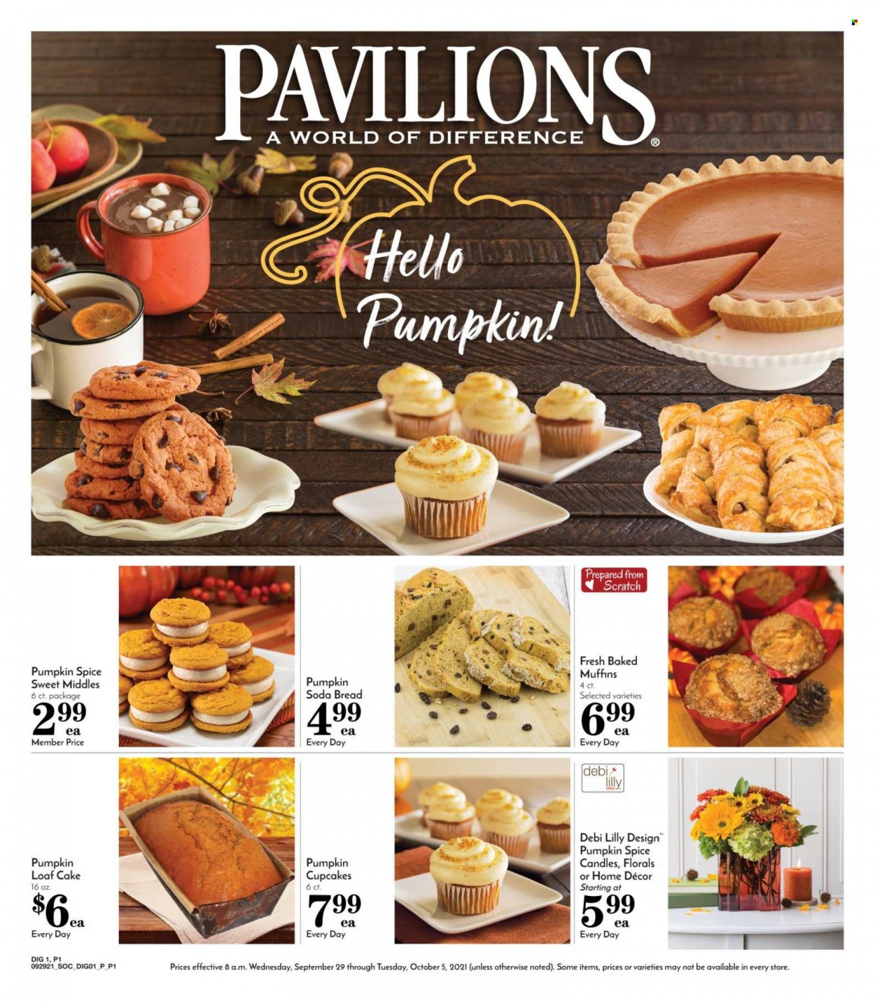 thumbnail - Pavilions Flyer - 09/29/2021 - 10/05/2021 - Sales products - bread, cake, soda bread, cupcake, muffin, loaf cake, spice, candle. Page 1.