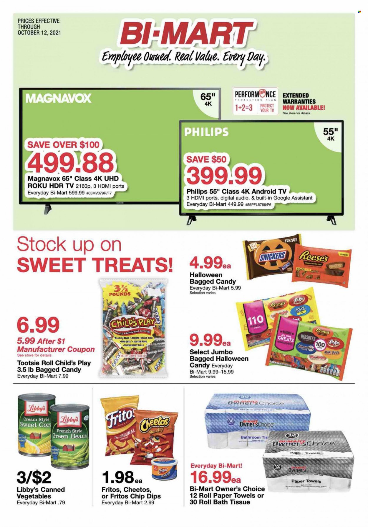 thumbnail - Bi-Mart Flyer - 09/28/2021 - 10/12/2021 - Sales products - Philips, beans, green beans, dip, Reese's, Hershey's, Milk Duds, Snickers, fruit rolls, Fritos, Cheetos, canned vegetables, bath tissue, kitchen towels, paper towels, Joy, bag, Android TV, TV. Page 1.