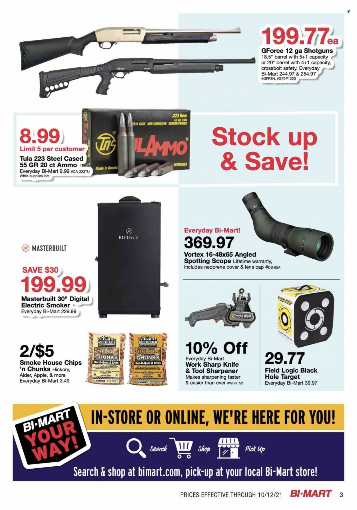 thumbnail - Bi-Mart Flyer - 09/28/2021 - 10/12/2021 - Sales products - chips, Target, knife, sharpener, lens, digital electric smoker, Masterbuilt, smoker. Page 3.
