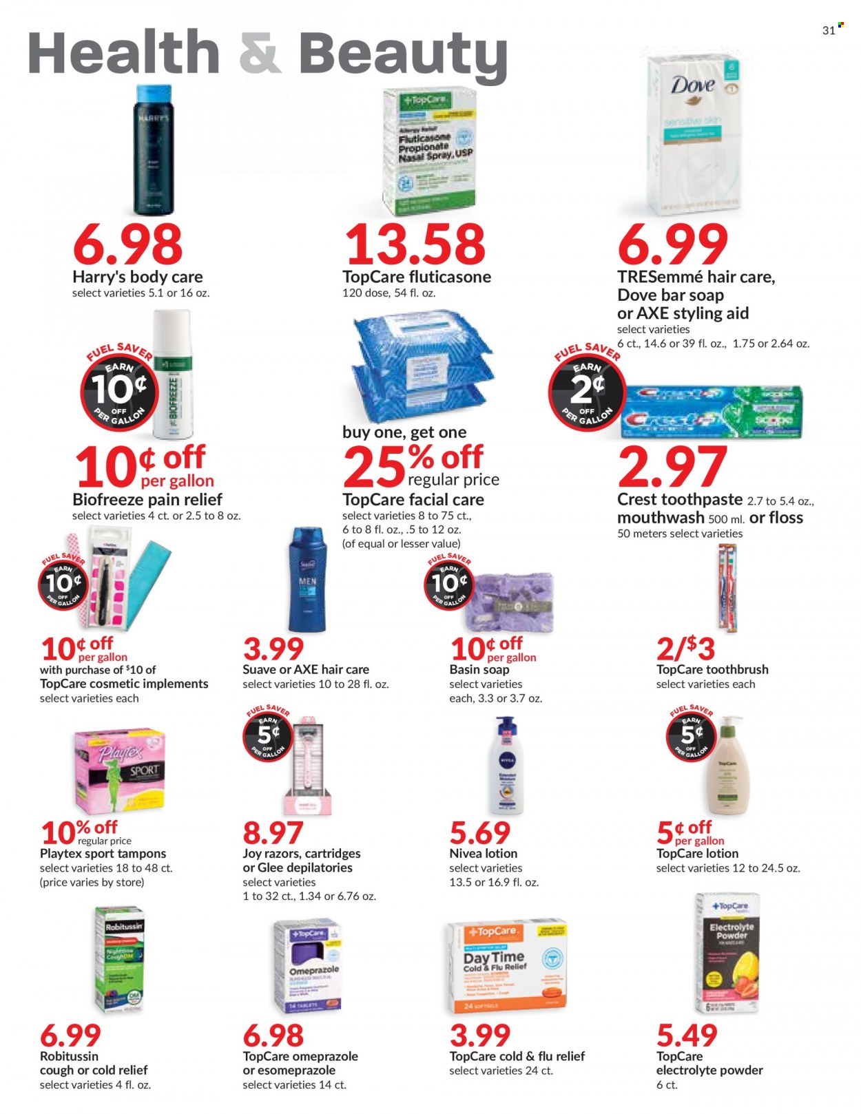 thumbnail - Hy-Vee Flyer - 09/29/2021 - 10/05/2021 - Sales products - Nivea, Dove, Joy, Suave, soap bar, soap, toothbrush, toothpaste, Crest, Playtex, tampons, TRESemmé, body lotion, pain relief, Cold & Flu, Robitussin. Page 31.