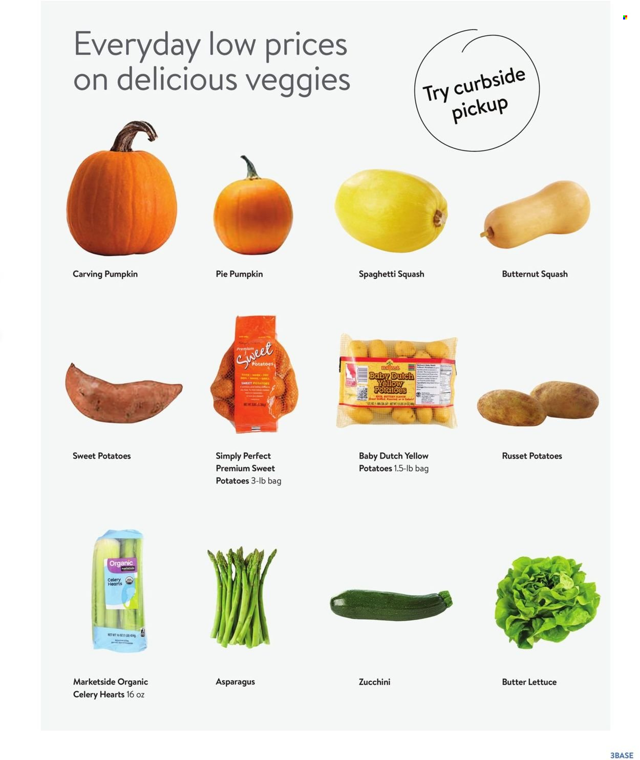 thumbnail - Walmart Flyer - 09/29/2021 - 10/31/2021 - Sales products - pie, asparagus, butter lettuce, celery, russet potatoes, sweet potato, zucchini, potatoes, pumpkin, lettuce, sleeved celery, spaghetti, butternut squash. Page 3.