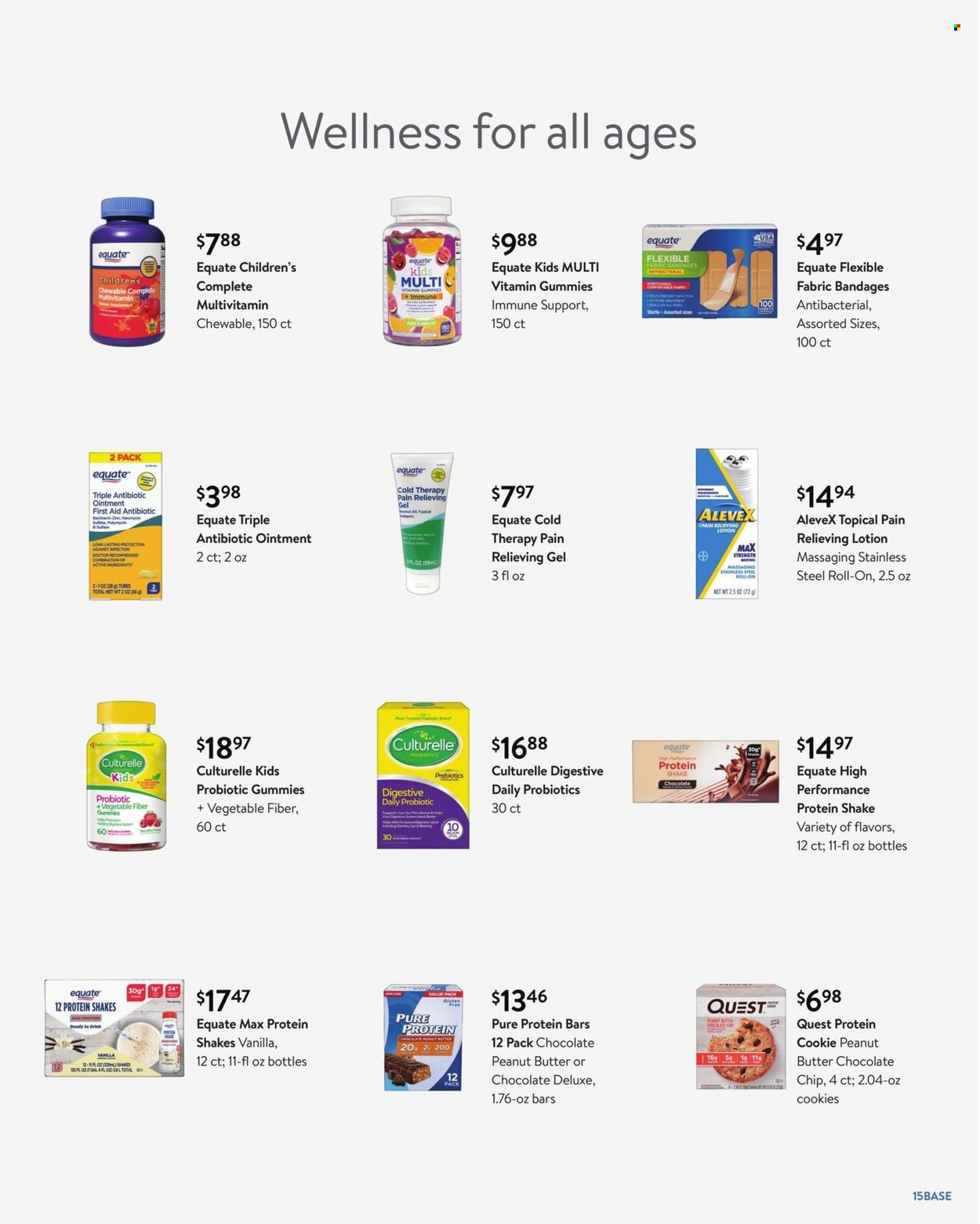 thumbnail - Walmart Flyer - 09/29/2021 - 10/31/2021 - Sales products - protein drink, shake, cookies, chocolate, protein bar, peanut butter, ointment, body lotion, roll-on, Culturelle, multivitamin, probiotics. Page 15.