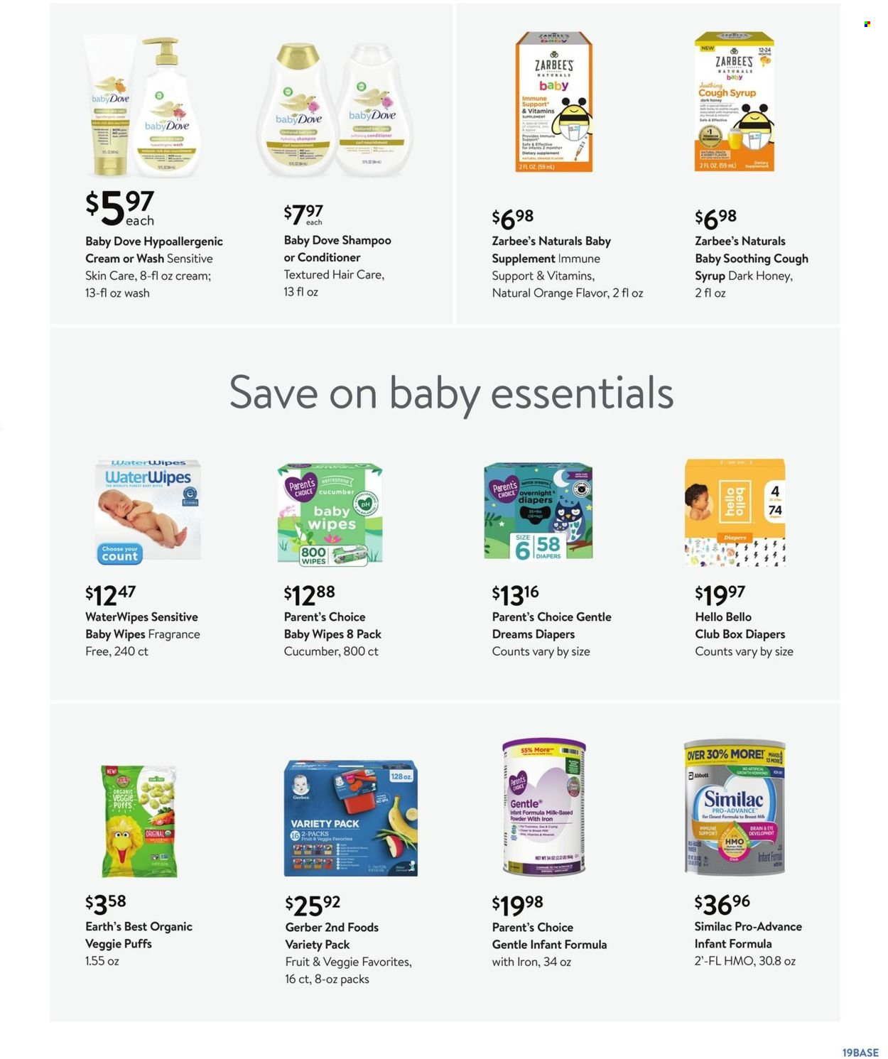 thumbnail - Walmart Flyer - 09/29/2021 - 10/31/2021 - Sales products - puffs, oranges, milk, Gerber, honey, syrup, Similac, wipes, baby wipes, nappies, Dove, shampoo, conditioner. Page 19.