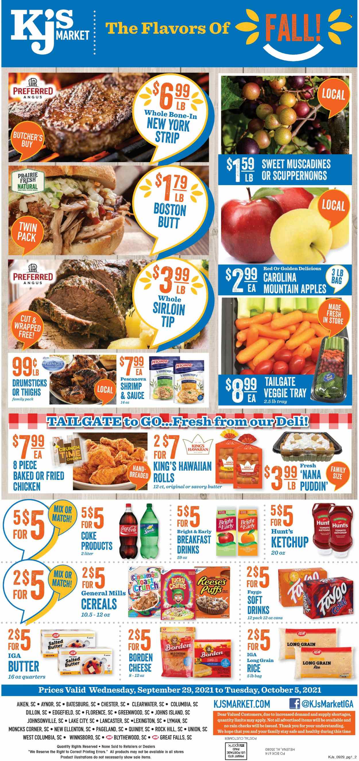thumbnail - KJ´s Market Flyer - 09/29/2021 - 10/05/2021 - Sales products - apples, Golden Delicious, shrimps, fried chicken, Johnsonville, mild cheddar, shredded cheese, cheddar, butter, salted butter, Reese's, cereals, rice, long grain rice, herbs, cinnamon, ketchup, garlic sauce, Coca-Cola, Sprite, juice, soft drink, tray. Page 1.