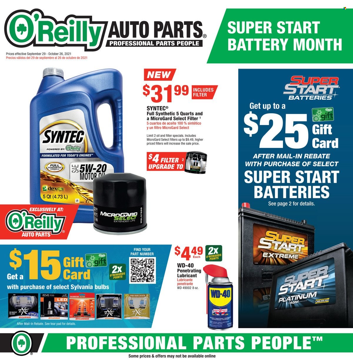 thumbnail - O'Reilly Auto Parts Flyer - 09/29/2021 - 10/26/2021 - Sales products - lubricant, WD-40. Page 1.