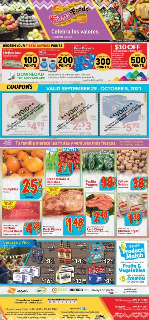 thumbnail - Fiesta Foods SuperMarkets Flyer - 09/29/2021 - 10/05/2021 - Sales products - radishes, pumpkin, peppers, green onion, eggs, flour, Pepsi, Boost, wine, vodka, whiskey, whisky, beer, Bud Light, beef meat, round roast, pasilla. Page 1.