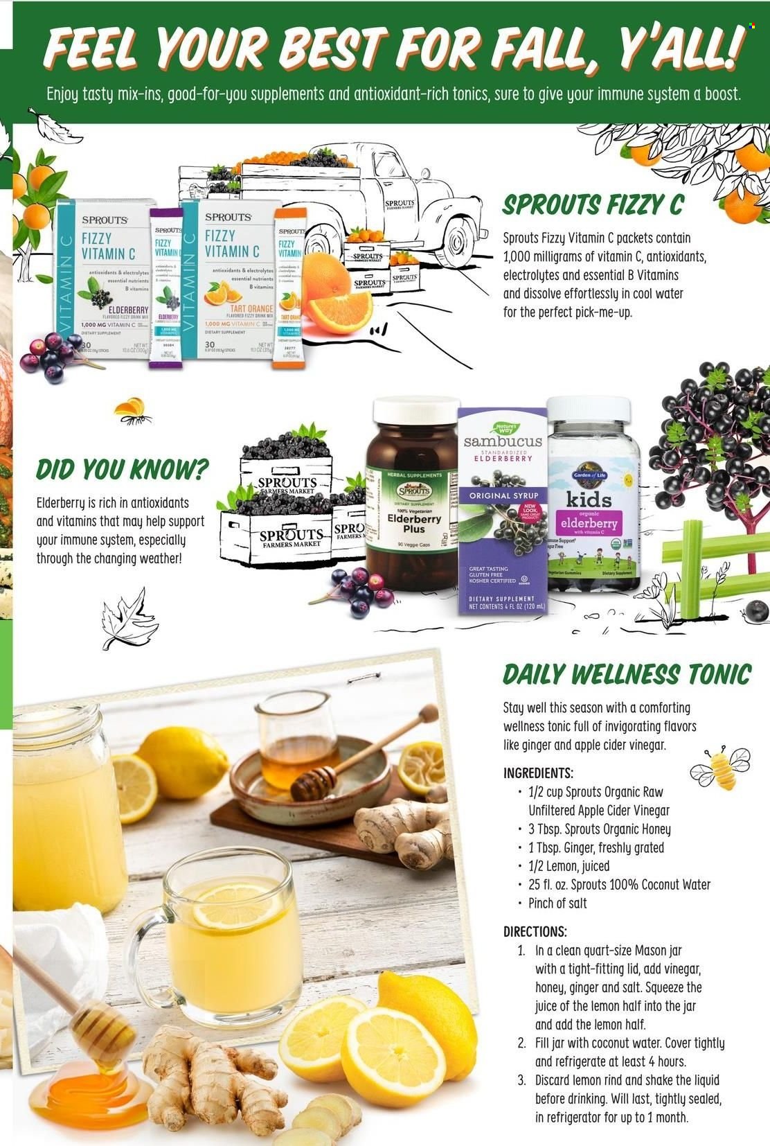 thumbnail - Sprouts Flyer - 09/29/2021 - 10/26/2021 - Sales products - ginger, oranges, apple cider vinegar, vinegar, honey, syrup, juice, Boost, Sure, vitamin c, dietary supplement. Page 10.