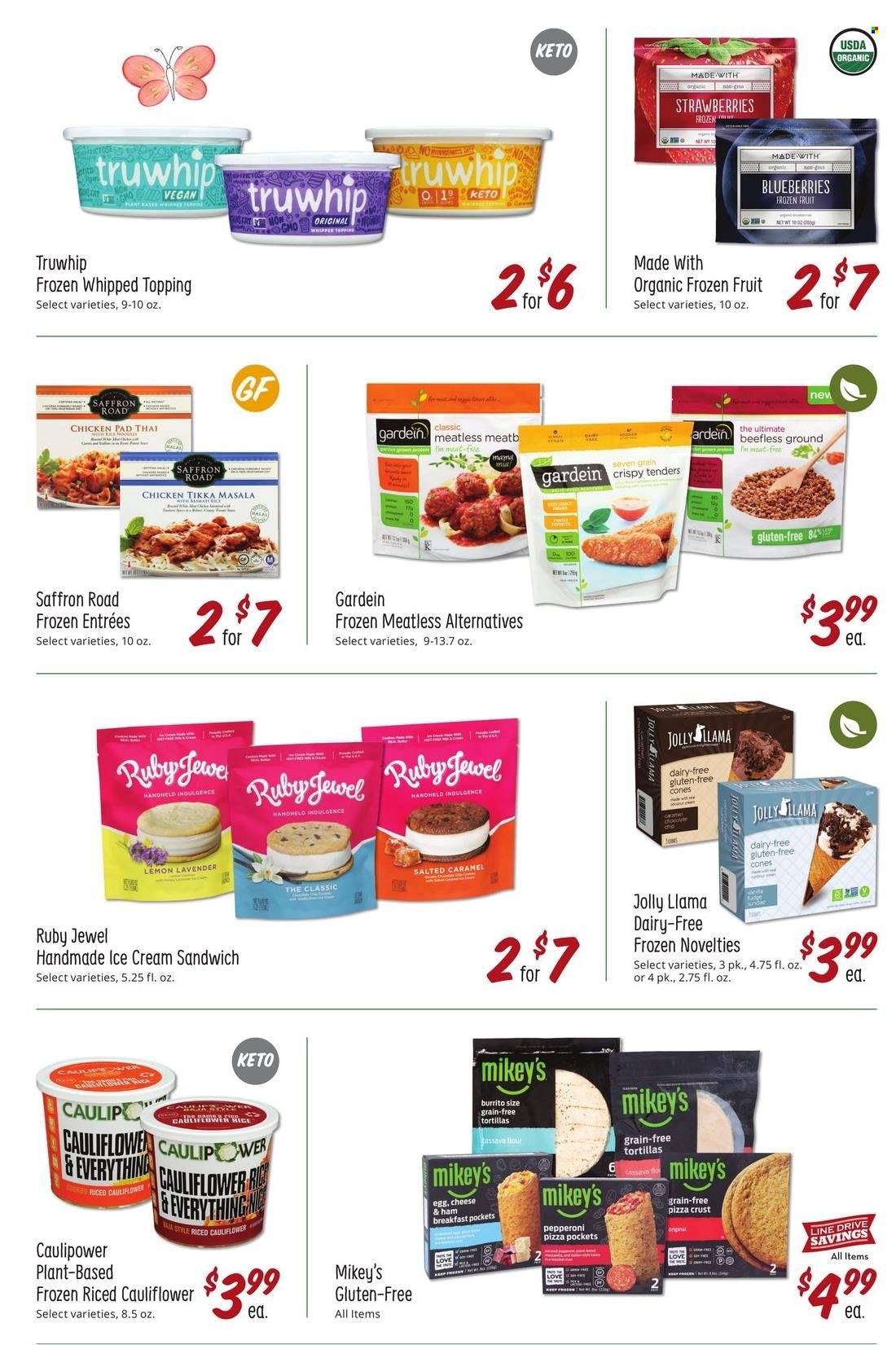 thumbnail - Sprouts Flyer - 09/29/2021 - 10/26/2021 - Sales products - tortillas, blueberries, strawberries, pizza, burrito, Tikka Masala, ham, eggs, ice cream, ice cream sandwich, organic frozen fruit, topping. Page 18.