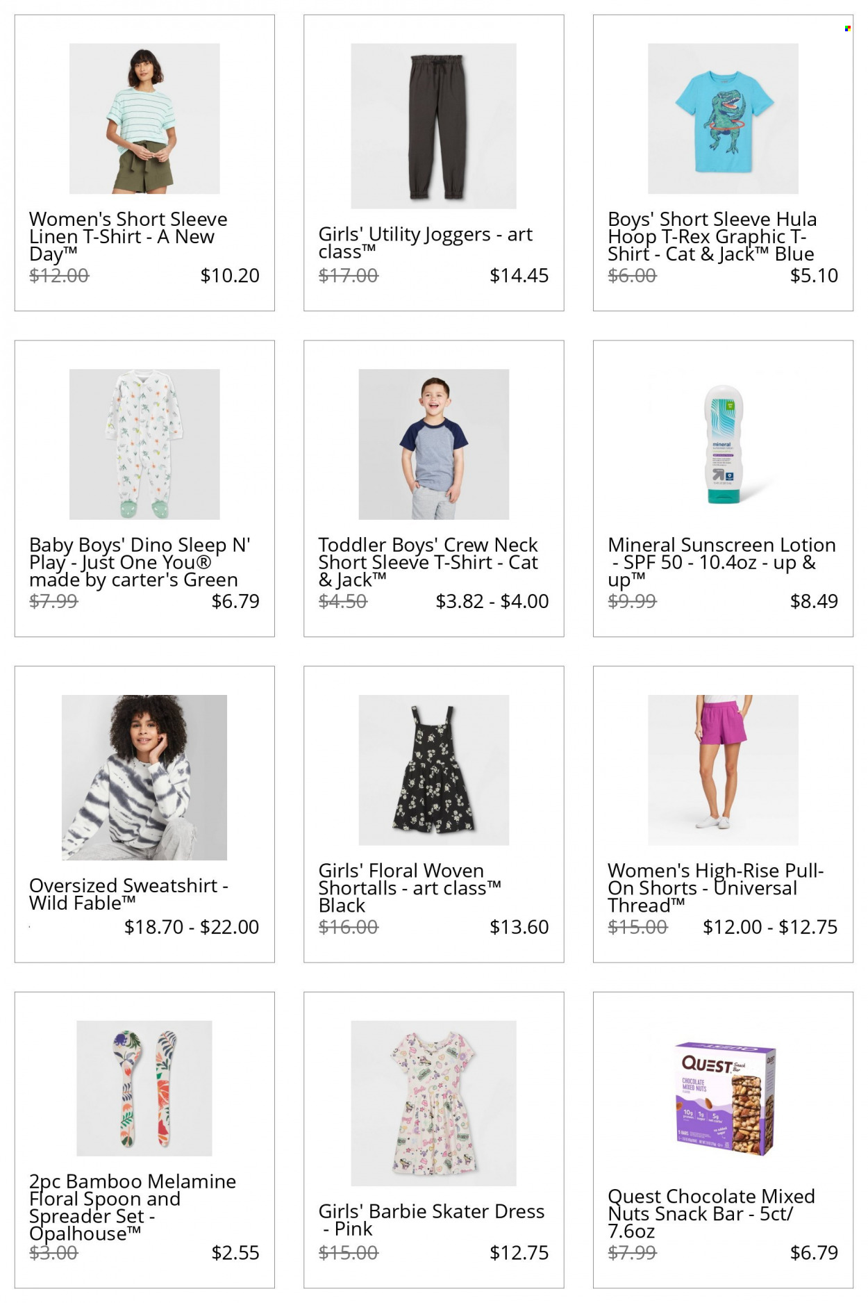 thumbnail - Target Flyer - Sales products - chocolate, snack, snack bar, mixed nuts, body lotion, sunscreen lotion, Barbie, spoon, linens, shorts, dress, t-shirt, sweatshirt, joggers, spreader. Page 5.