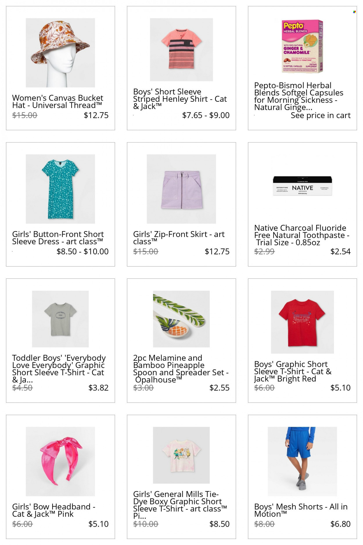 thumbnail - Target Flyer - Sales products - pineapple, toothpaste, spoon, canvas, shorts, dress, skirt, t-shirt, hat, bucket hat, spreader, Pepto-bismol, dietary supplement. Page 6.