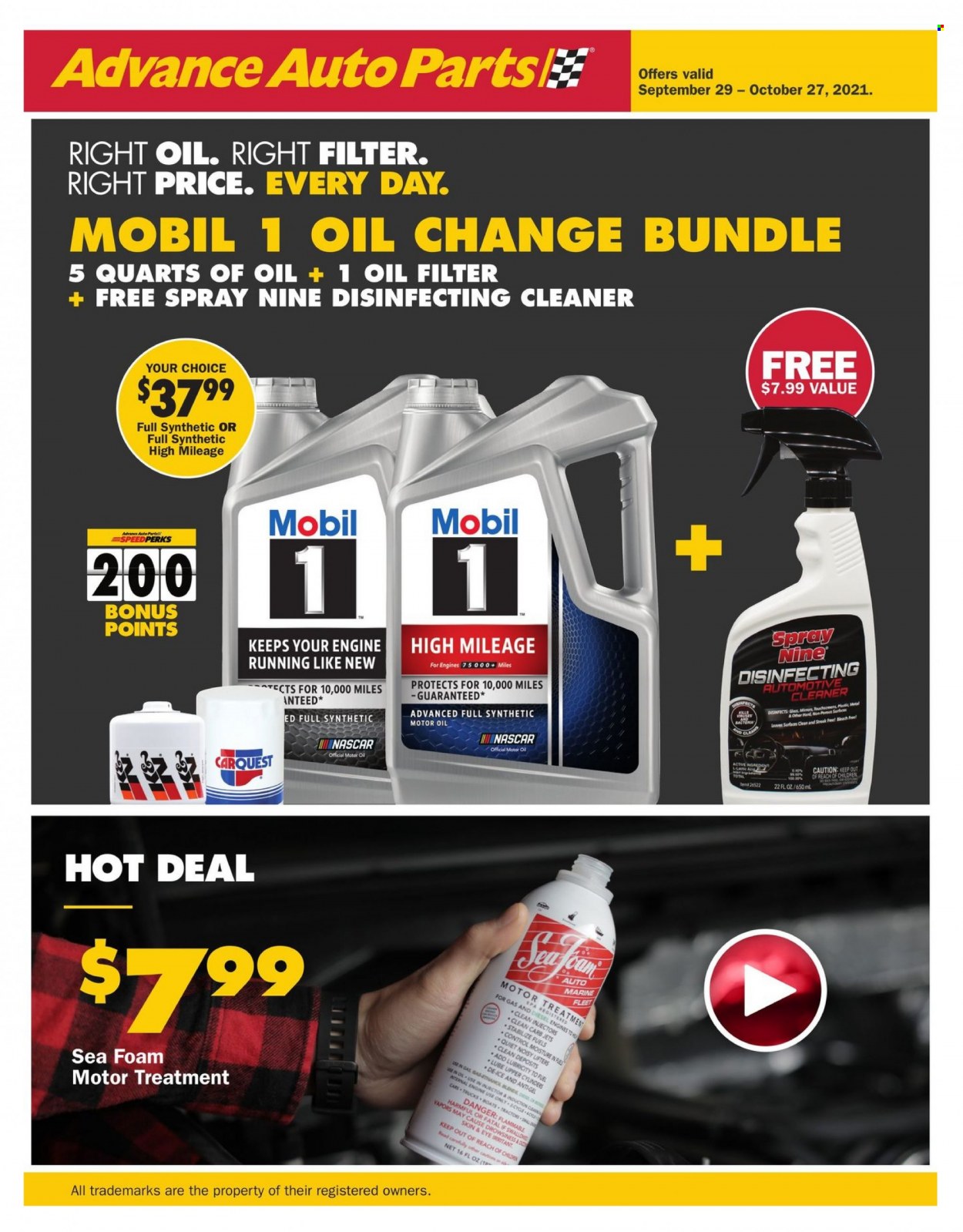thumbnail - Advance Auto Parts Flyer - 09/30/2021 - 10/27/2021 - Sales products - oil filter, cleaner, Mobil, motor oil. Page 1.