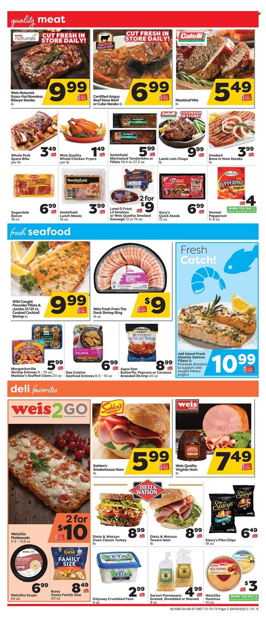 thumbnail - Weis Flyer - 09/30/2021 - 11/04/2021 - Sales products - whole chicken, beef meat, steak, ribeye steak, meatloaf, pork meat, pork ribs, pork spare ribs, lamb loin, lamb meat, clams, flounder, salmon, salmon fillet, tilapia, seafood, shrimps, pasta, Rana, Hormel, Sugardale, bacon, ham, smoked ham, virginia ham, Dietz & Watson, sausage, smoked sausage, pepperoni, hummus, feta, chips, popcorn, pita chips. Page 2.