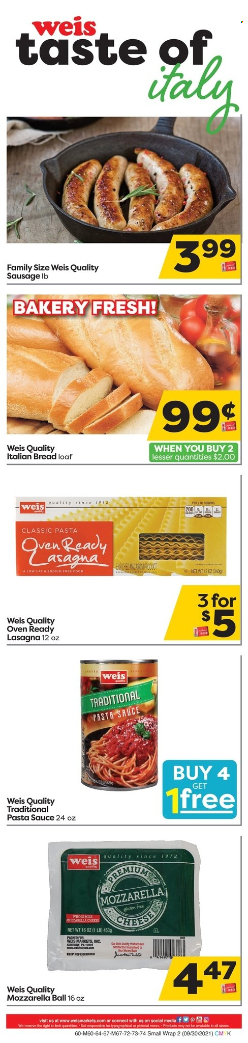 thumbnail - Weis Flyer - 09/30/2021 - 11/04/2021 - Sales products - bread, pasta sauce, sauce, lasagna meal, sausage, mozzarella, cheese, L'Or. Page 13.